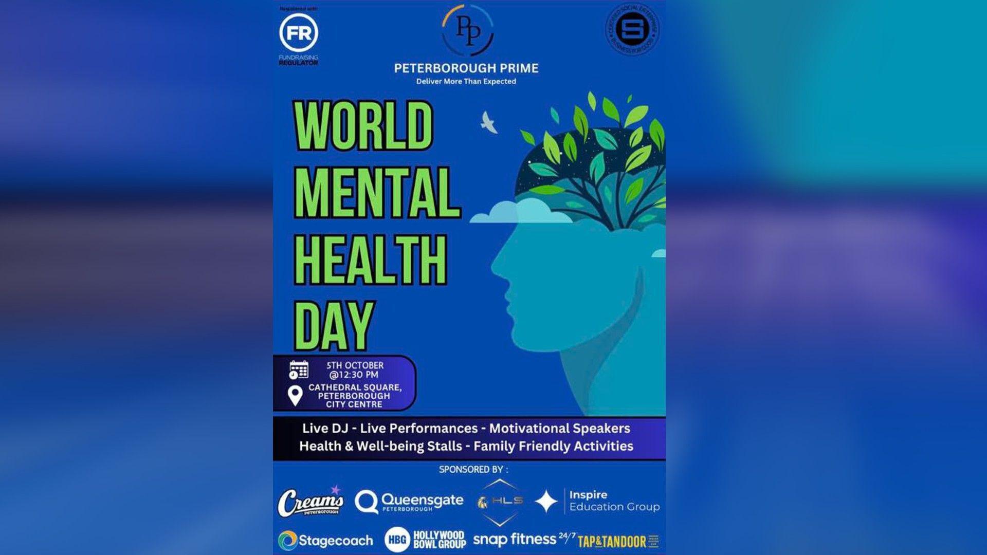 A blue poster with World Mental Health written on it in green writing and details of the event 