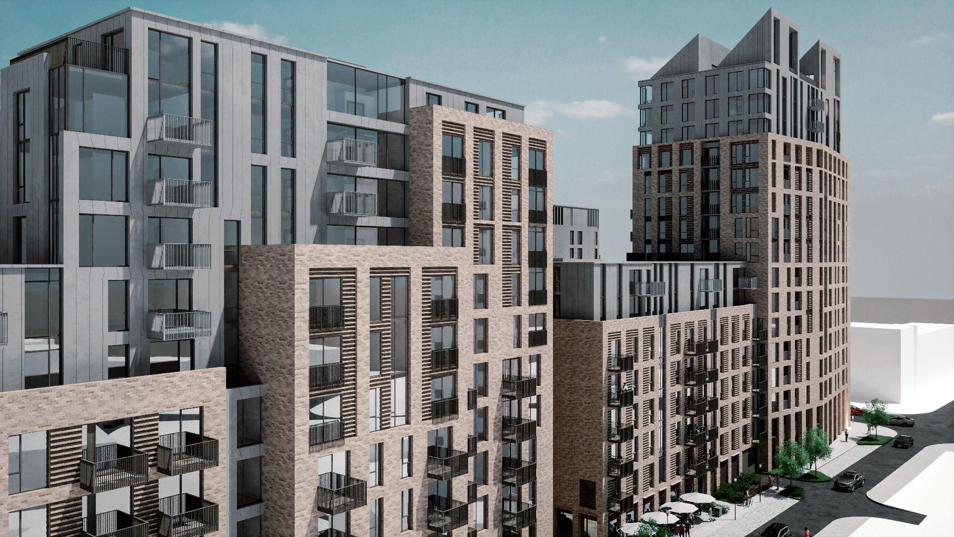 Artist's impression of the planned apartments, which could be up to 16-storeys tall in places. The buildings are blocky, beige and grey.
