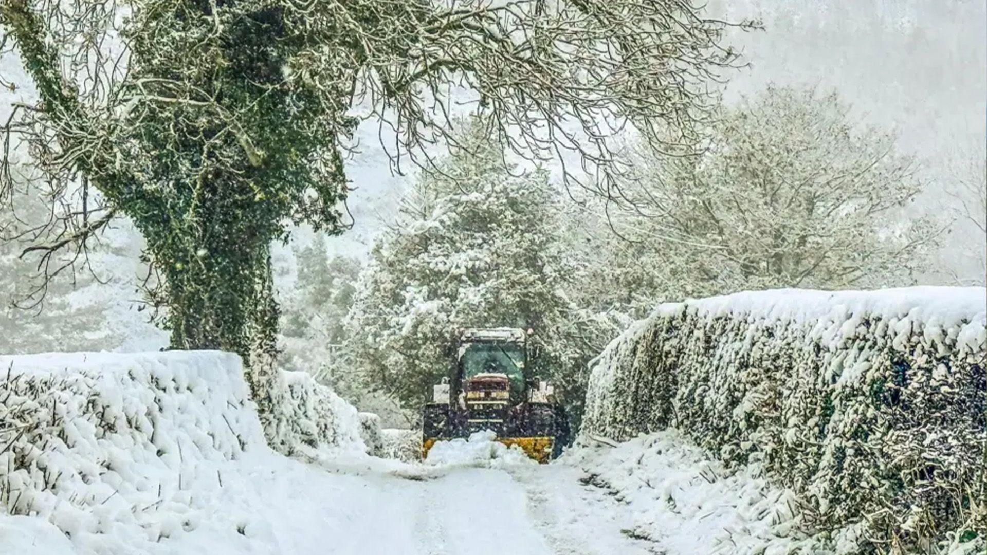 Tractor yn gyrru trwy'r eira ar lôn yn Llanfair, Dyffryn Clwyd, Ionawr 2025