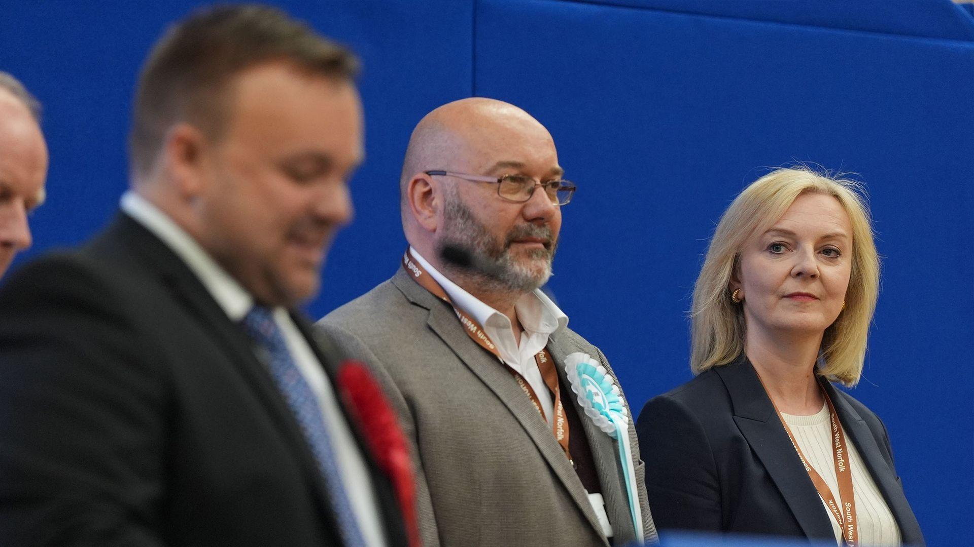 Ex Prime Minister Liz Truss looking on to the newly elected MP for her constituency after losing her seat