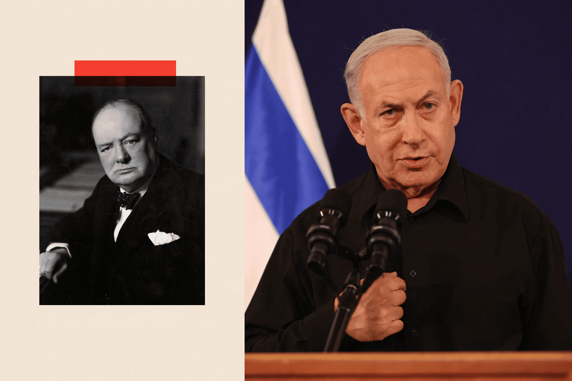 On the left a image of Winston Churchill and on the right a image of Benjamin Netanyahu 