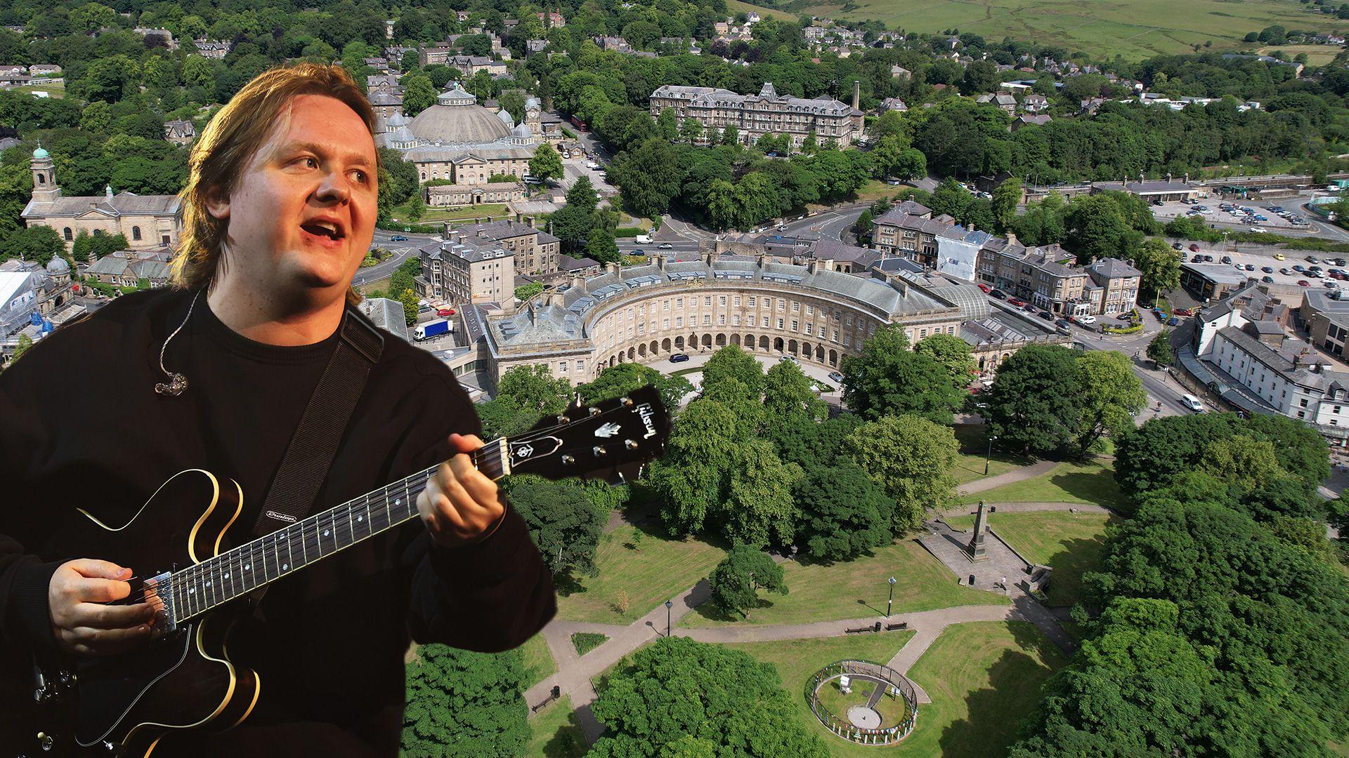 An image combining a photo of Lewis Capaldi performing and playing guitar with an aerial shot of a green park in front of a grand building in Buxton