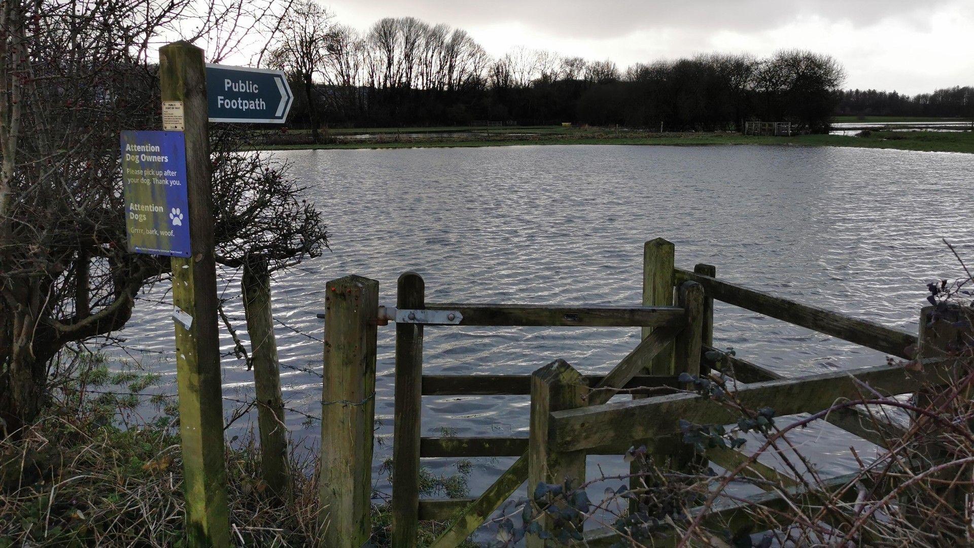 Flooded fields and footpaths photographed in Axminster, Devon