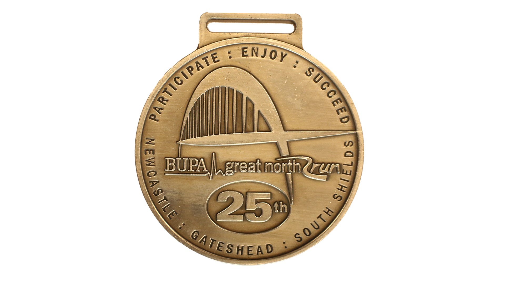 A light gold circular medal that has a bridge on and reads Bupa Great North Run 25th. Writing around the side reads: 'participate, enjoy. succeed, South Shields, Gateshead, Newcastle.