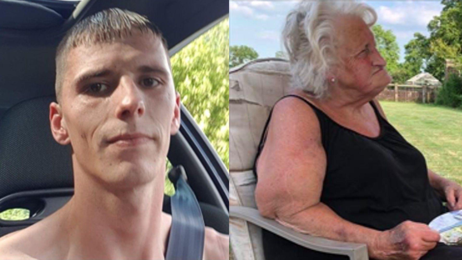 Images of Chris Castell and his grandmother. He is sitting in a car and wearing a seat belt. The grandmother is sitting outside in a chair and eating a plate of food. She has white hair and is wearing a black vest.