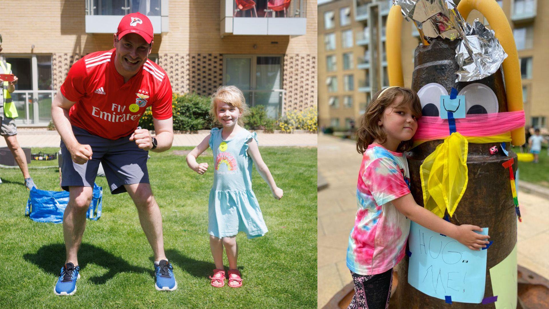 Ella and her Dad (left) doing their wiggle bottom dance and Sophie (right) with the creation that inspired the googly eyes plaque.