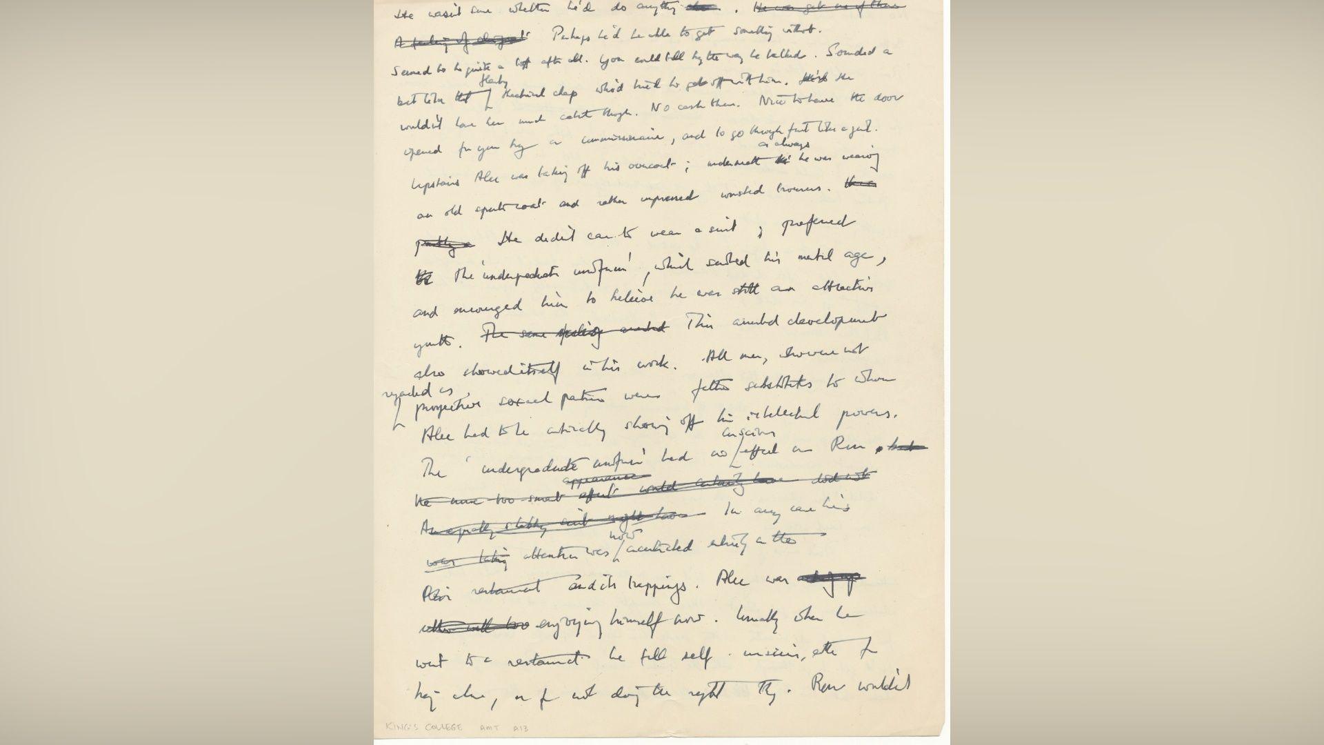 A piece of brown paper has a short novel written on it in black ink. Some of the words have been crossed out.