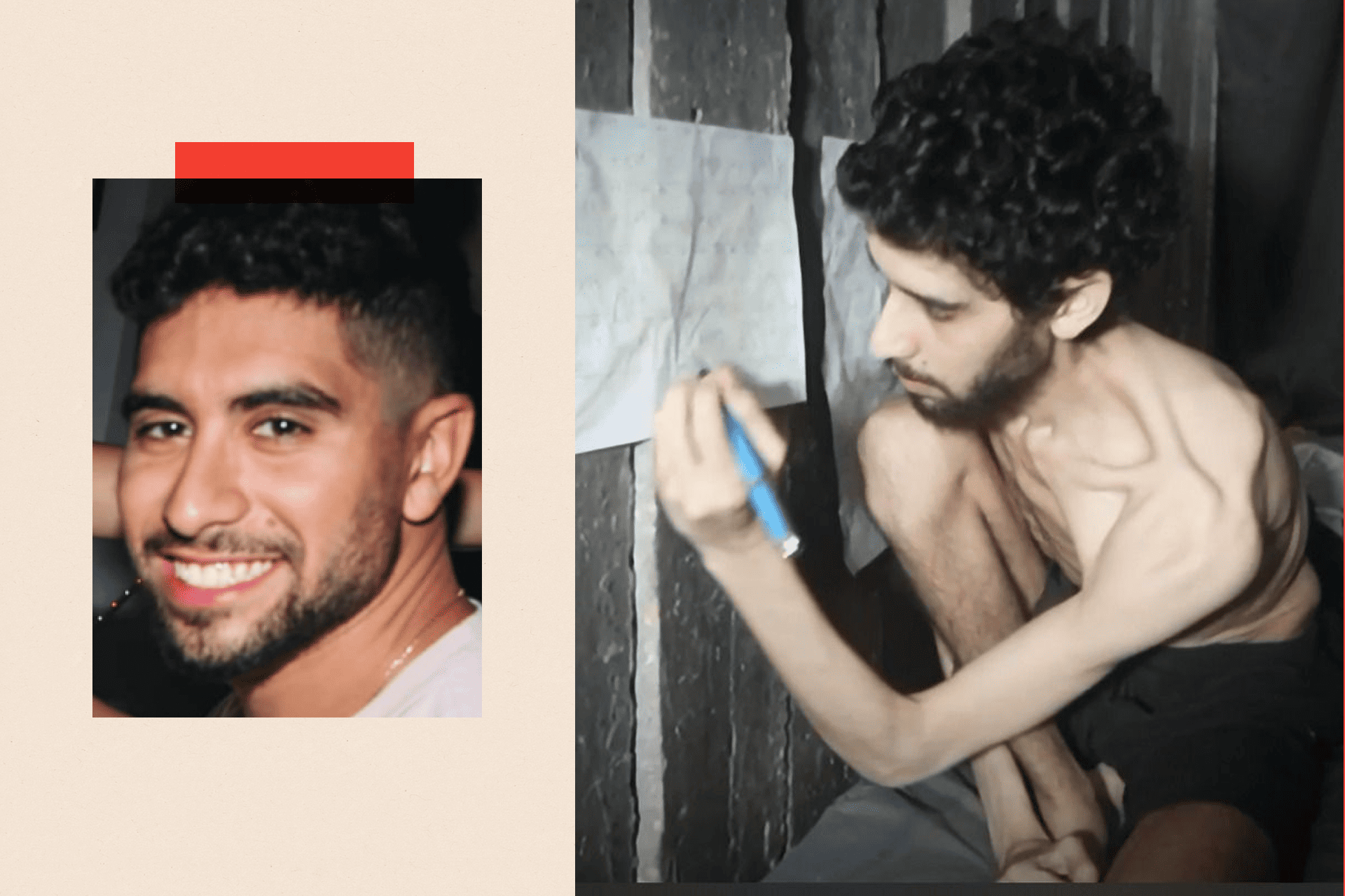 Two images: Evyatar David smiling on the left and on the right, a still from a video released by Hamas showing him emaciated and weak while being held hostage