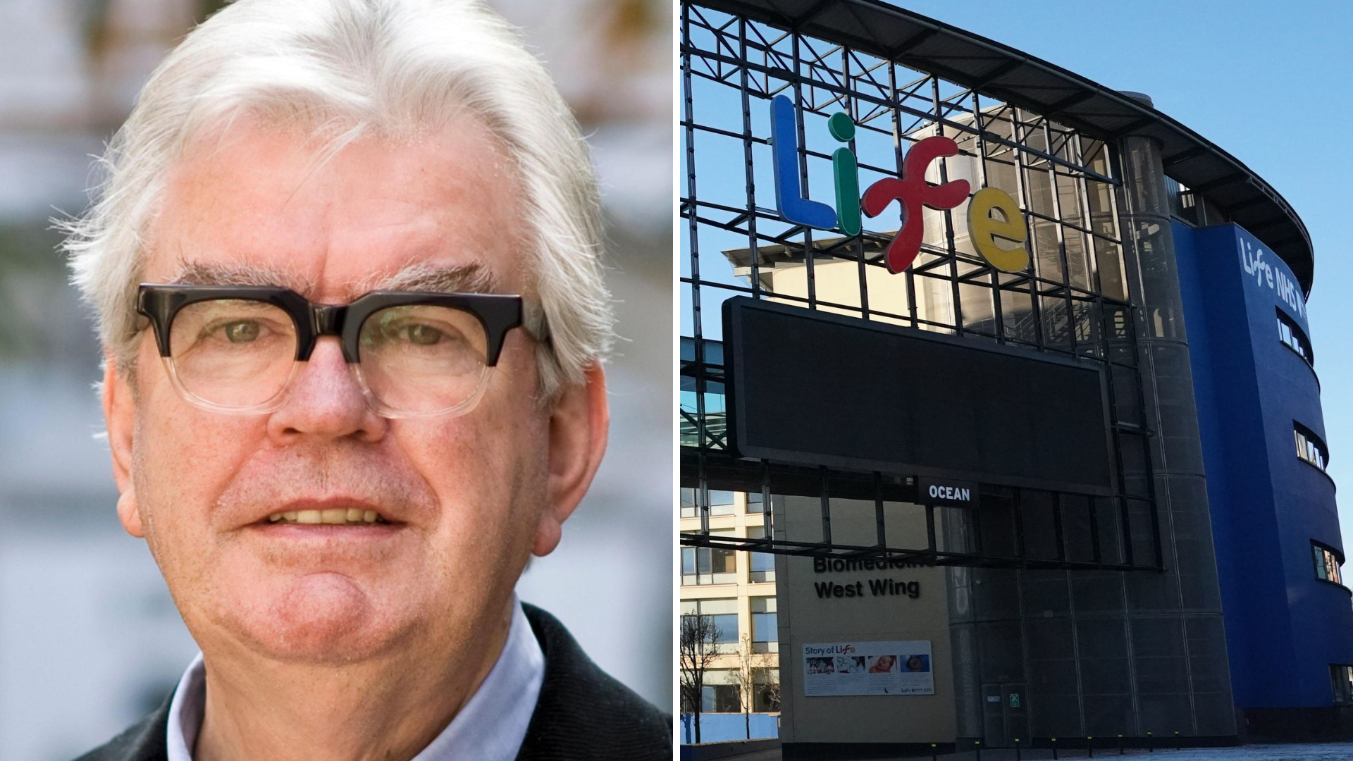 A composite of Sir Terry Farrell and the Life Science Centre. On the left, Sir Terry has short white hair and thick glasses. The Life Science Centre is a blue and glass building. The word "Life" is spelt out in multicolour. 