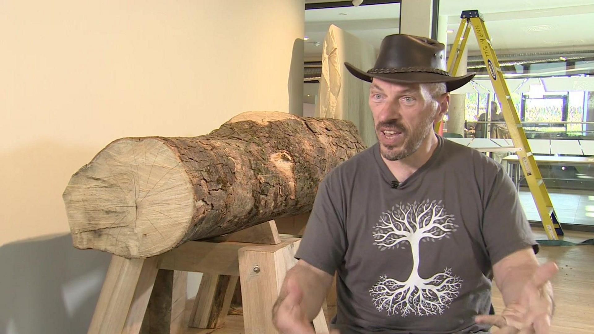 Nick Greenall with the section of the Sycamore Gap tree as it was being installed for the exhibition at The Sill visitor centre near Hexham, in Northumberland