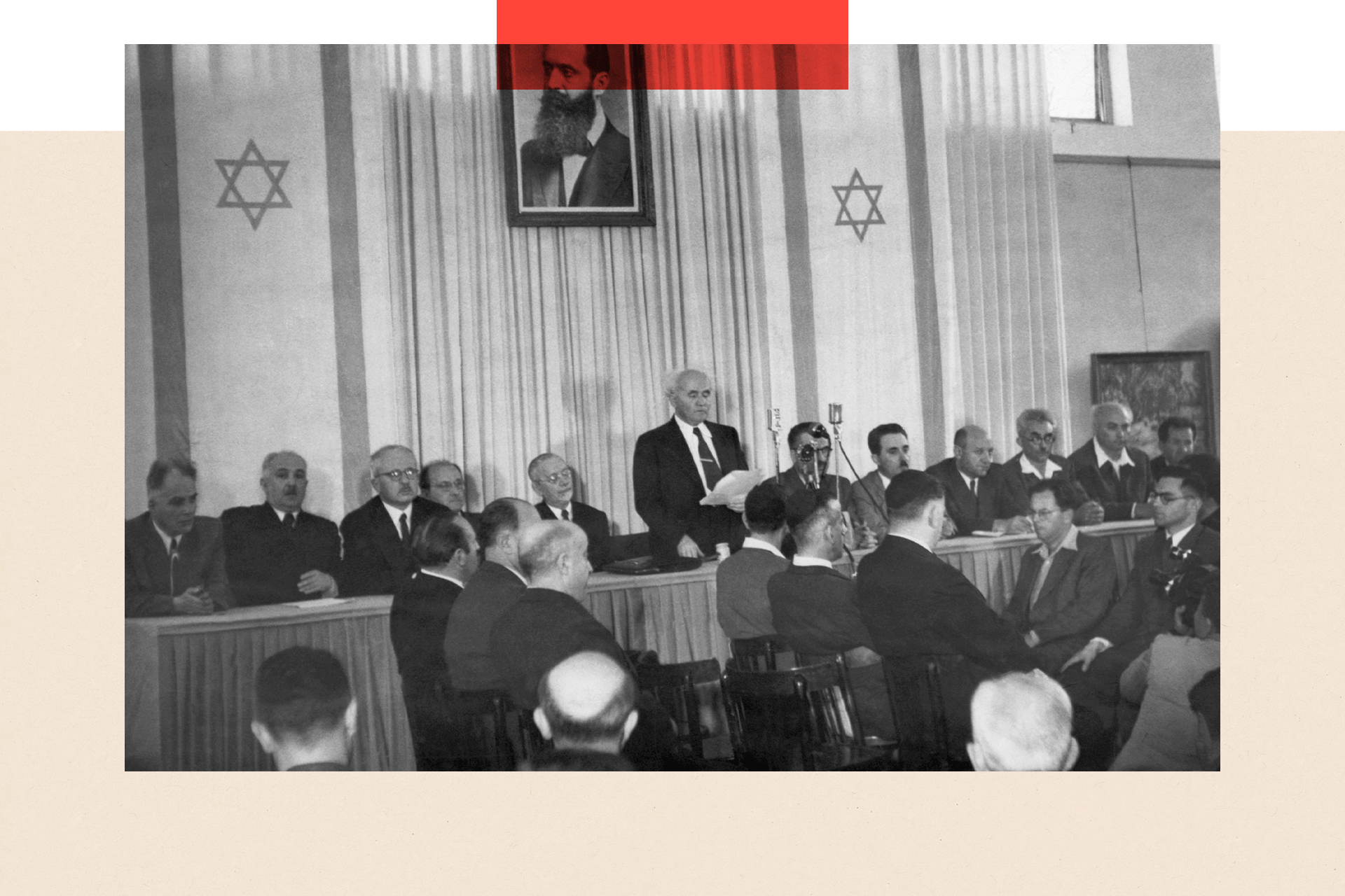 Members of the newly created state of Israel gathered to hear Prime Minister David Ben Gurion read the Jewish "Declaration of Independence."