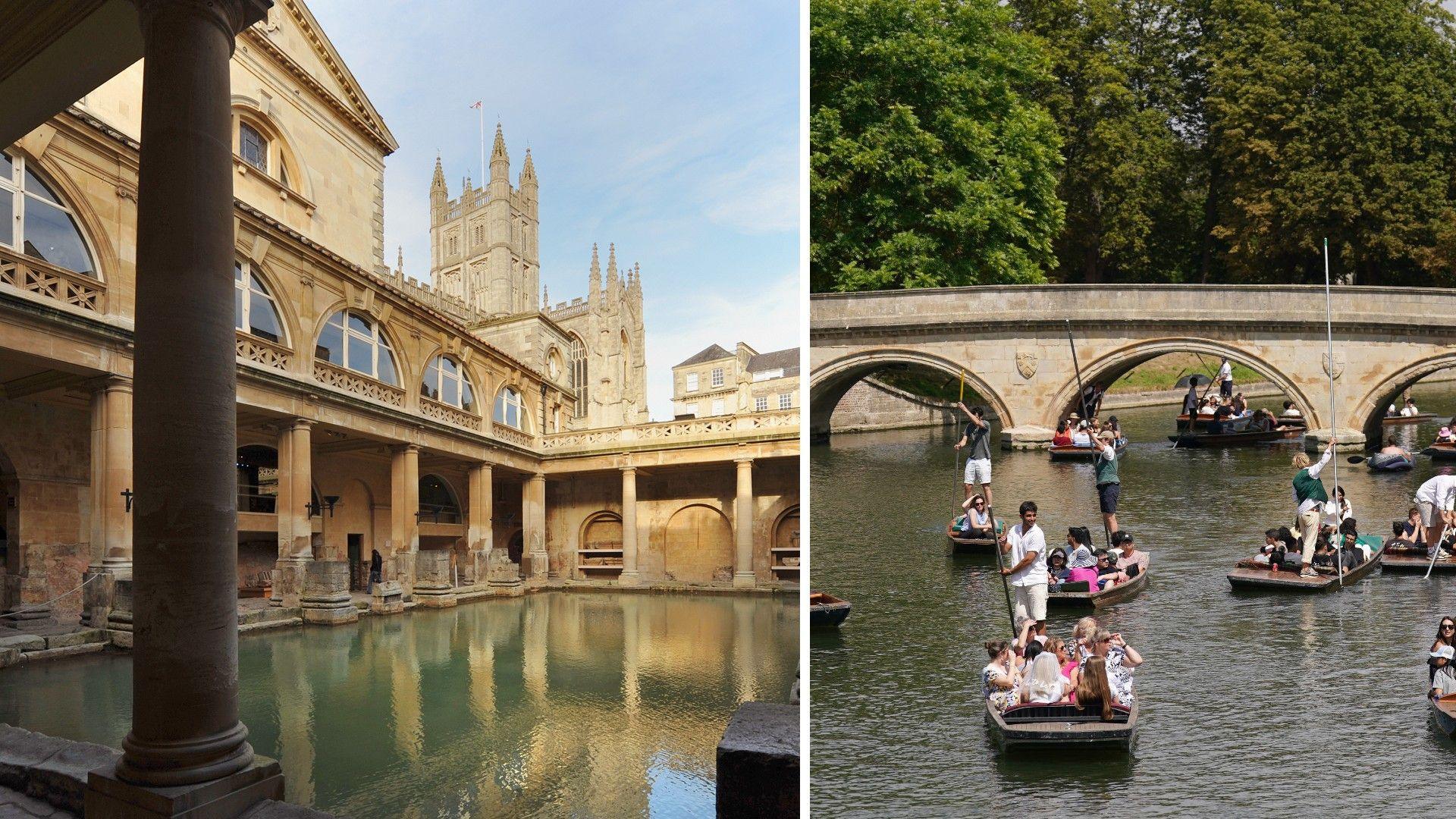 A composite image. On the left, the Roman Baths in Bath. The image shows the green-tinged water and stone pillars of the Baths, with visitors walking around a mezzanine-style walkway, or standing beside the water itself. On the right is a river in Cambridge with boats on it.