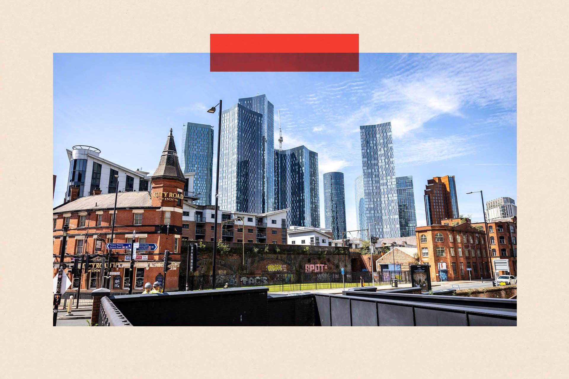 A  view of the skyline in Manchester City Centre. Edwardian buildings are in the foreground with skyscrapers in the background.