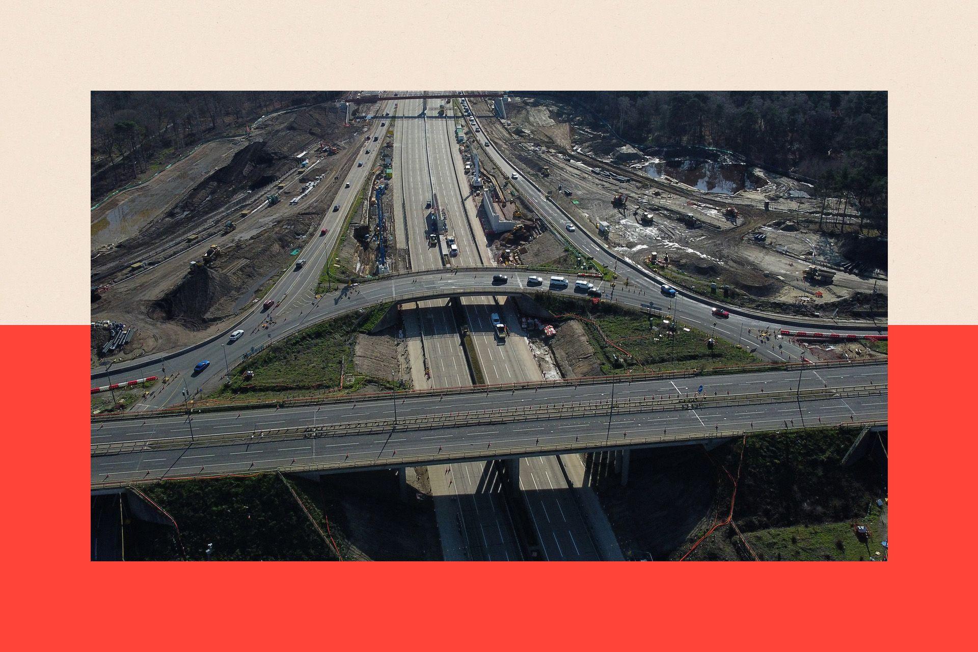 An overhead view shows work ongoing at Junction 10 of the London orbital motorway the M25