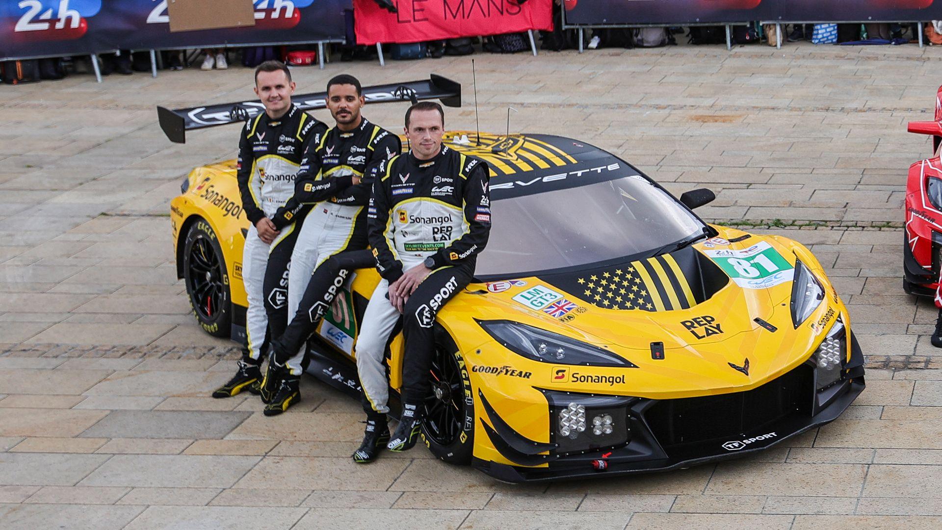 Charlie Eastwood, Rui Andrade and Tom Rompuy with their car ahead of Le Mans