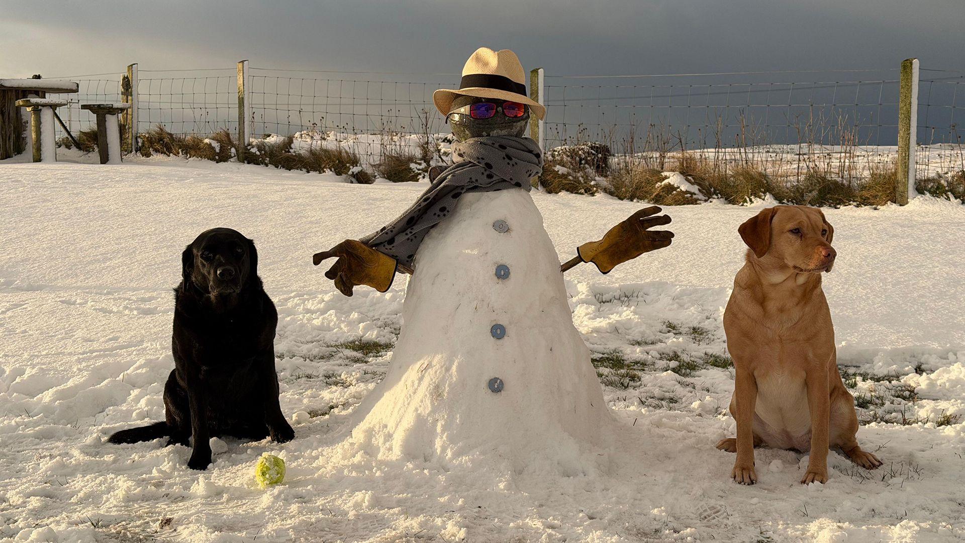 Dau gi gyda dyn eira