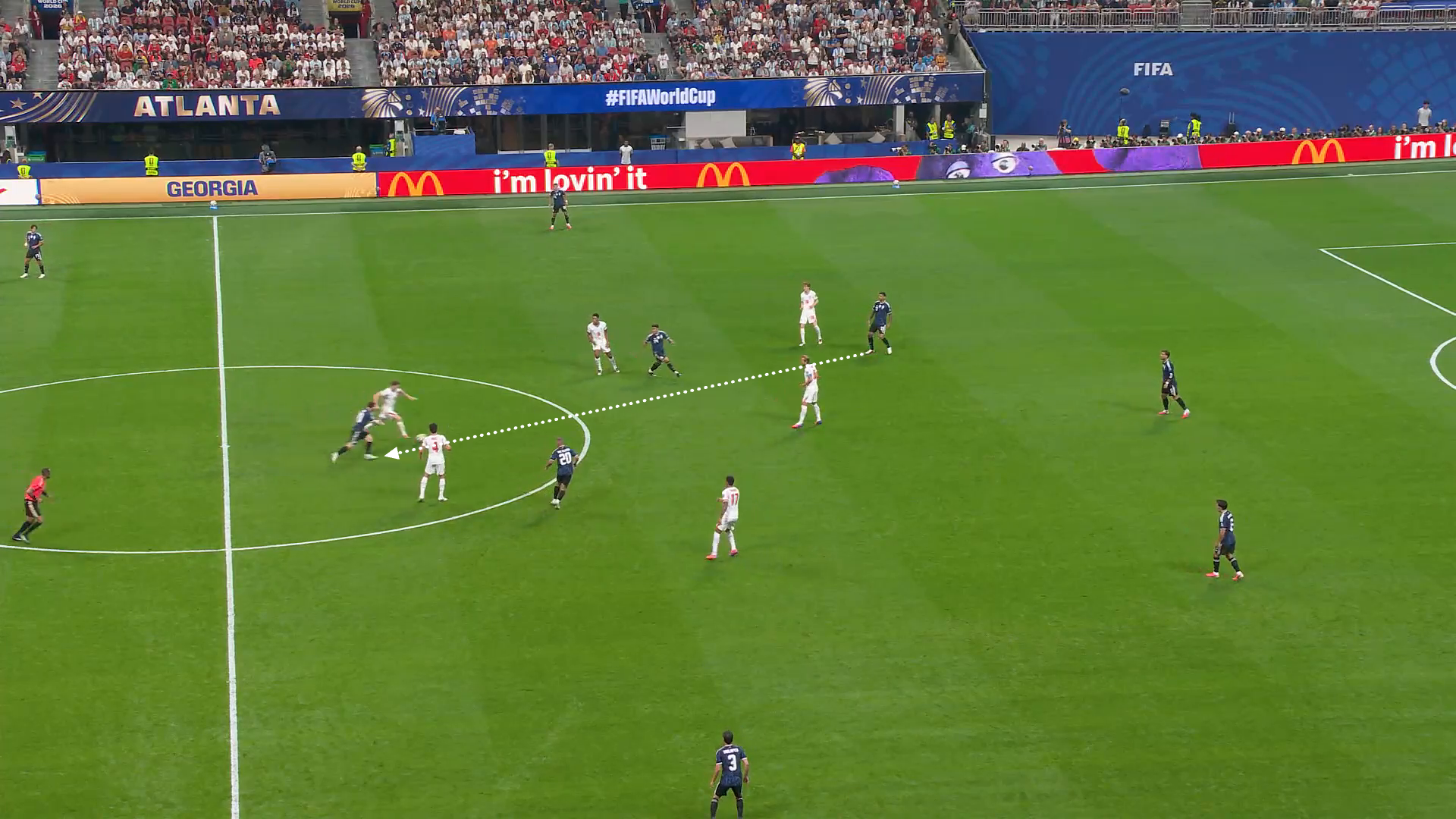 Screengrab from Argentina vs England showing Elliot Anderson intercepting a pass intended for Lionel Messi