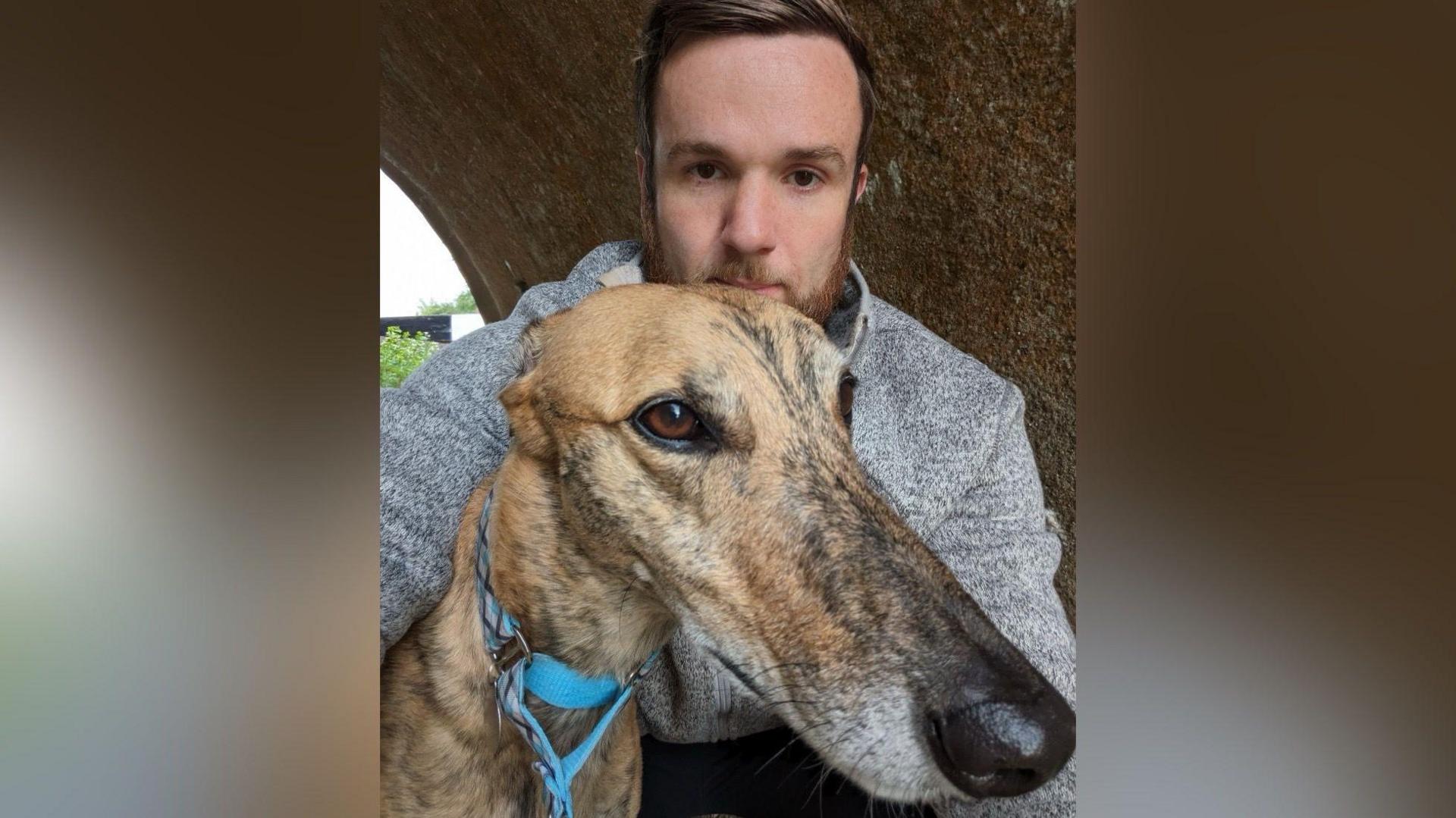 A man with brown hair, wearing a grey marl hoodie crouches behind a sandy-coloured greyhound called Brindley with a bright blue collar.
