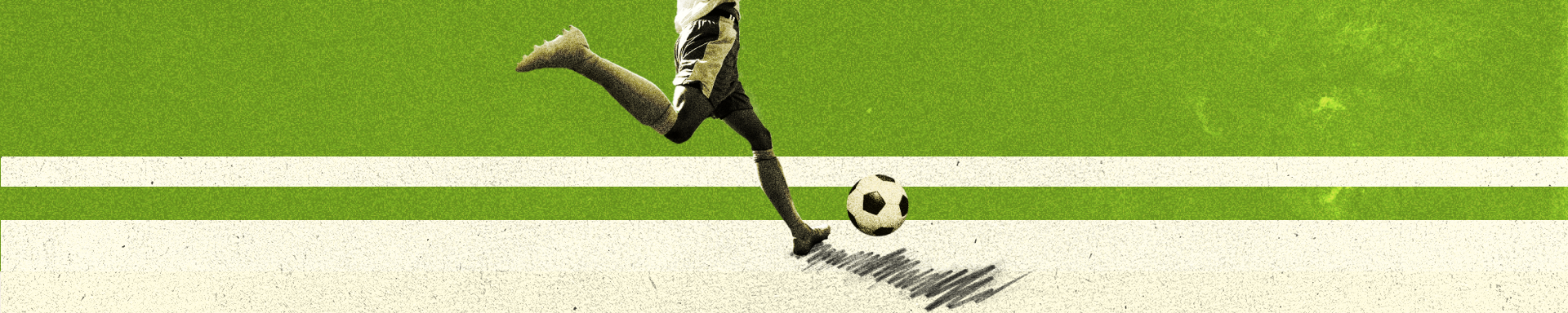 Thin green banner promoting the Football Extra newsletter cream horizontal lines depicting pitch markings and a footballer's legs kicking a ball in the centre.
