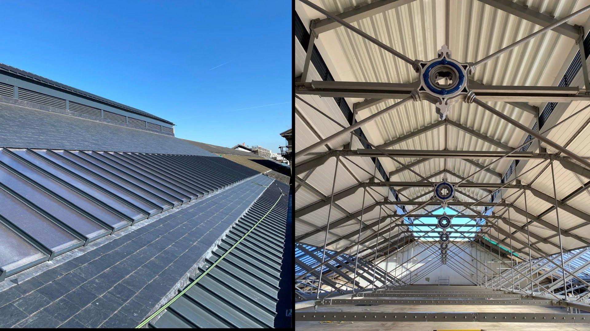 This image is made of two pictures. To the left is an external images of the roof showing new glass panels while in the right hand image are a series of decorative trusses with a circular centre.