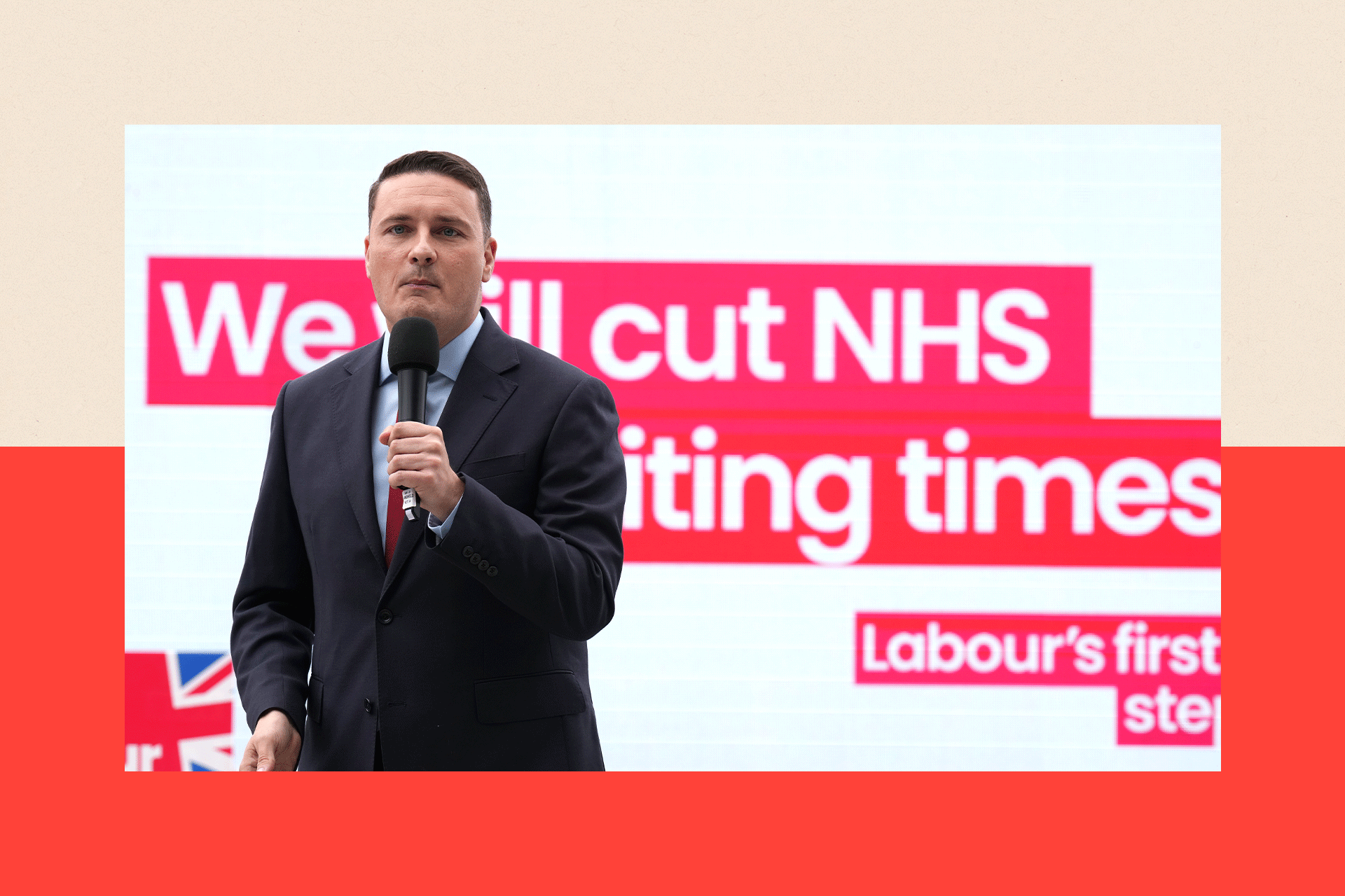 Wes Streeting speaking in front of a sign about cutting waiting times