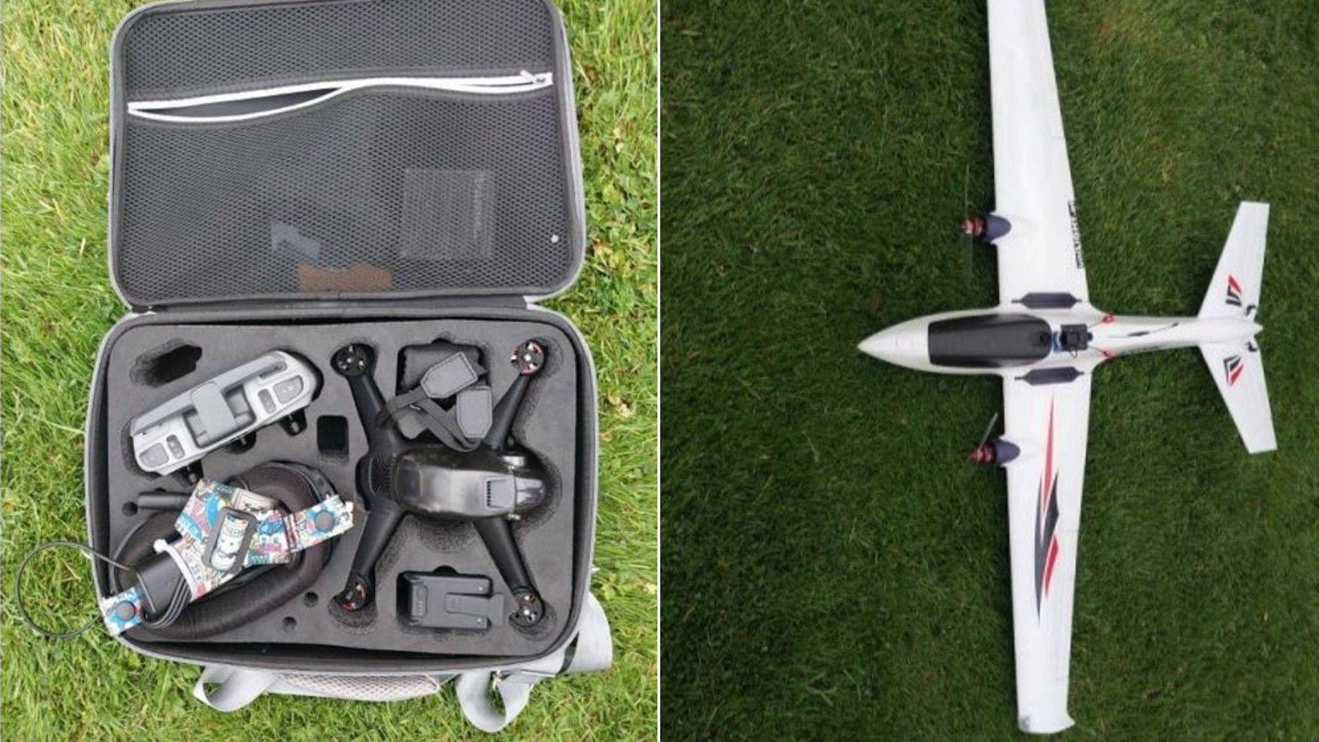 Composite image of a black drone and controller in a case next to a white-coloured fixed-wing model aircraft with black and red markings on its wings 