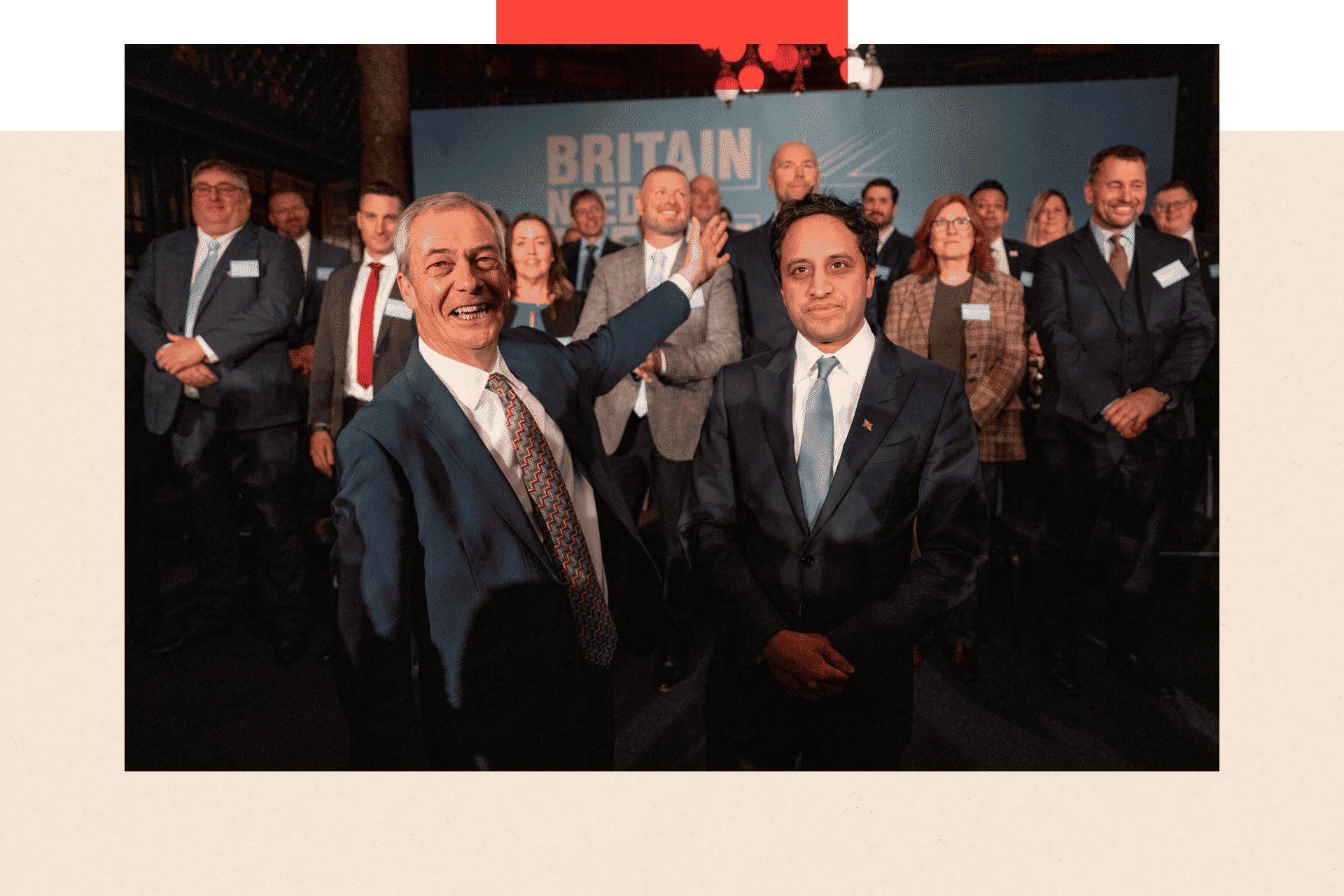 Reform UK leader, Nigel Farage (L) and Chairman of Reform UK, Zia Yusuf (R), pose for a picture in front of councillors