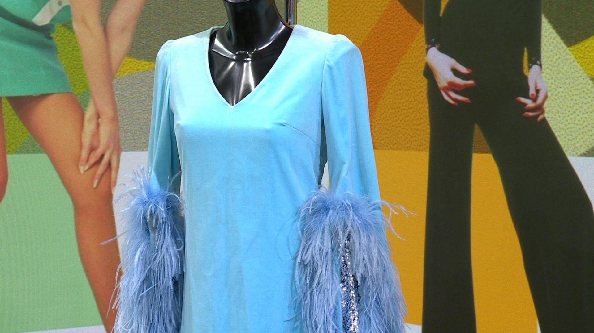 A blue 60s evening gown with a v-neck and full length sleeves trimmed with ostrich feather.