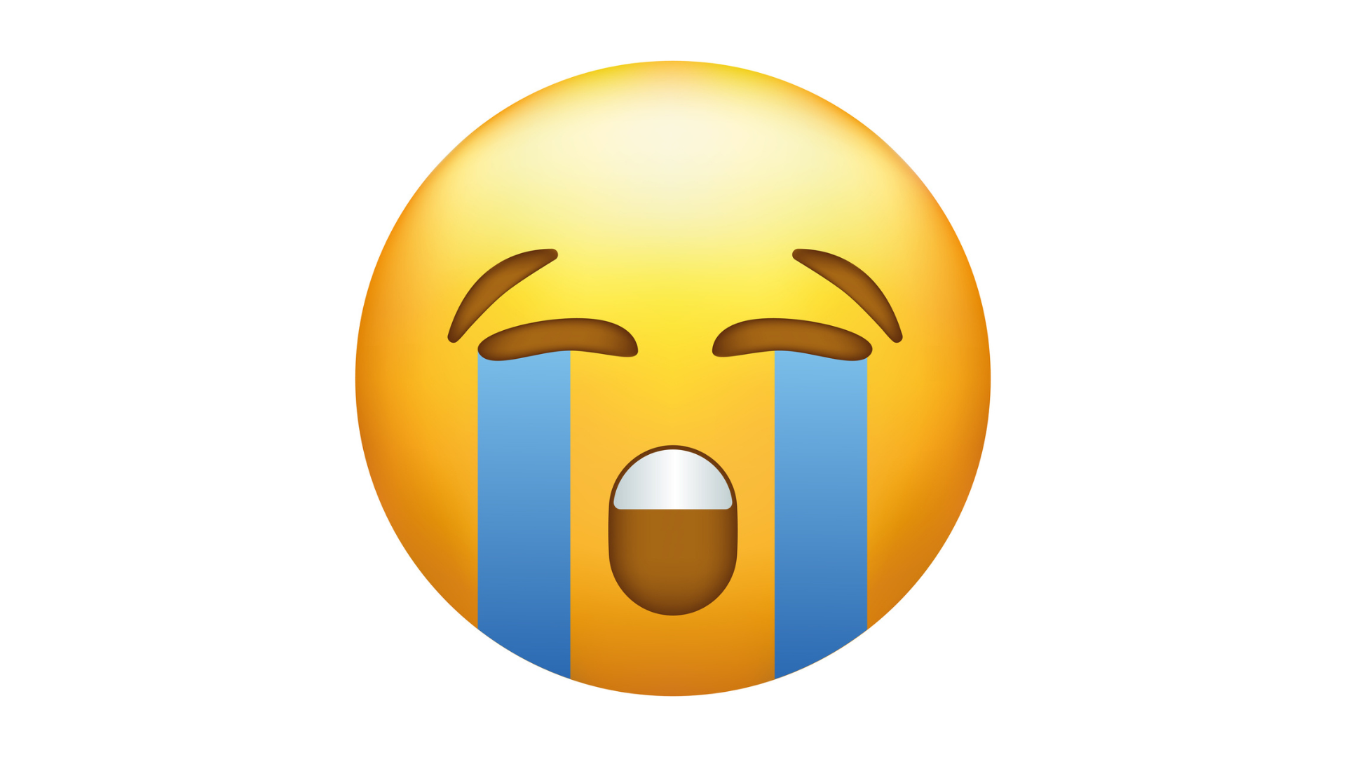 a yellow face with and open mouth and tears streaming down face