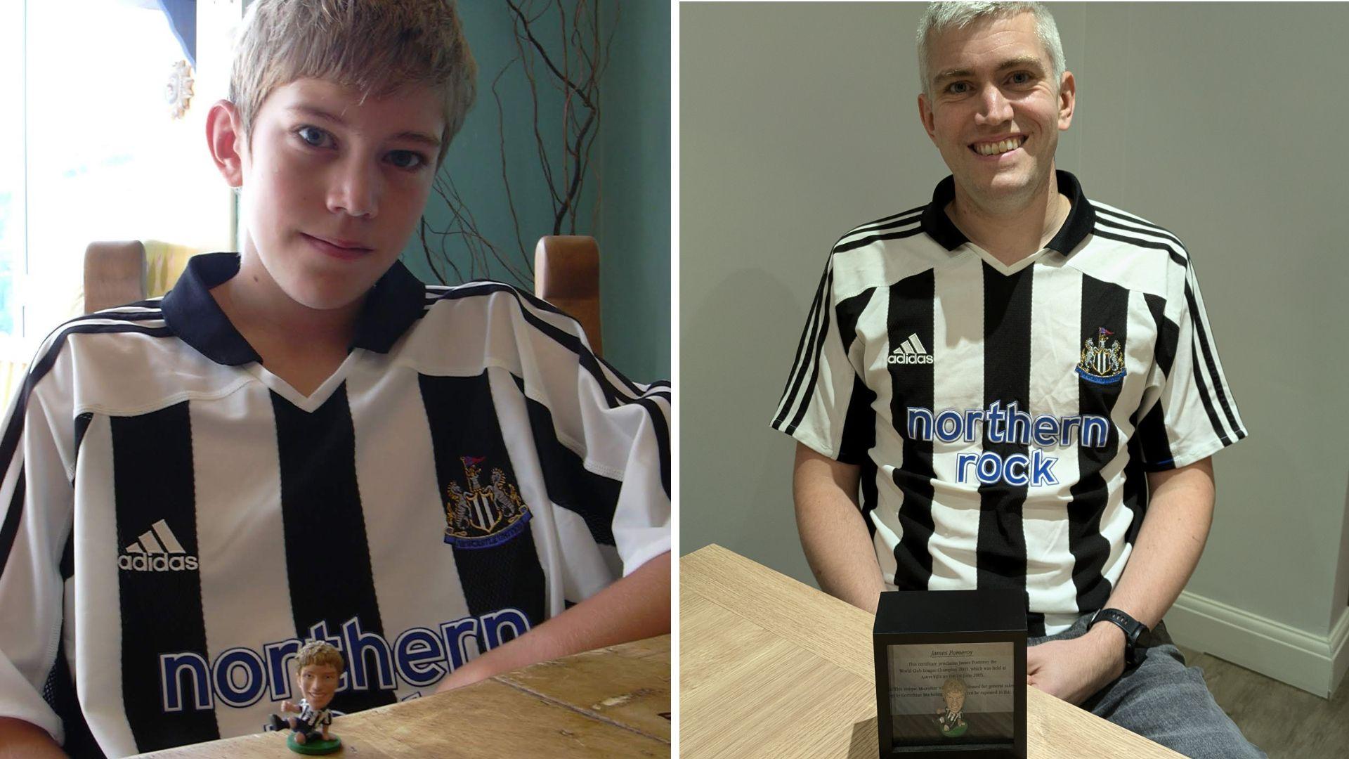 A composite of a young James and modern day James, both wearing the same Newcastle United shirt. On the left is the 13-year-old James, who has blond hair and is sitting at a kitchen table on which sits his model. On the right is older James, now in his 30s with grey hair. The figure is encased in a black display case.