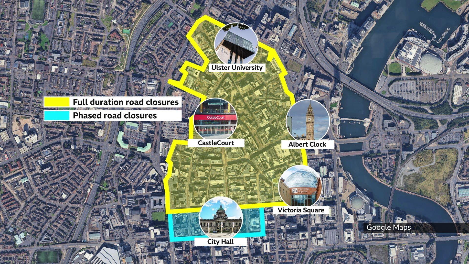 The city centre zone will be pedestrianised with road closures from 5am on Sunday and the yellow shaded area will be closed to traffic. the roads around the city hall in blue will be open some of the time closing on a phased basis if necessary. There will be changes to bus routes and drop off points.