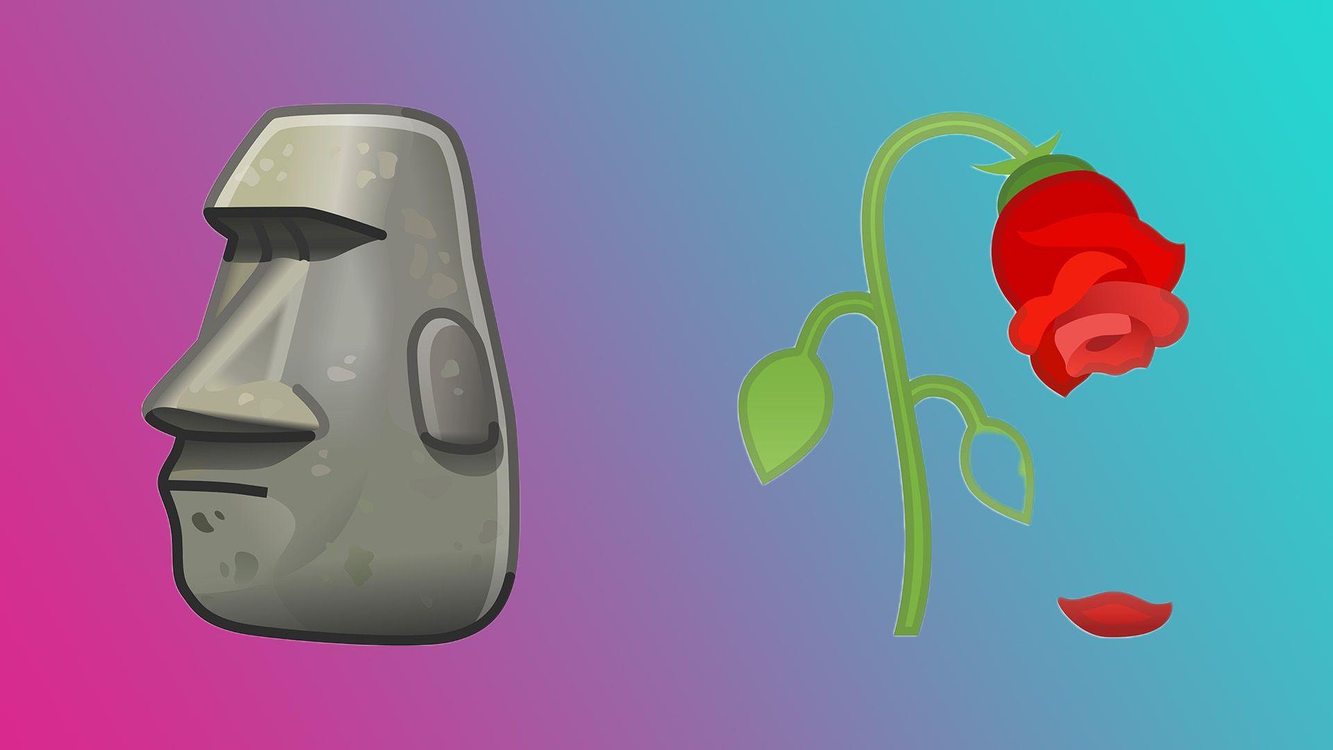The moai emoji is the head of an east island figure and the second emoji is a wilting red rose