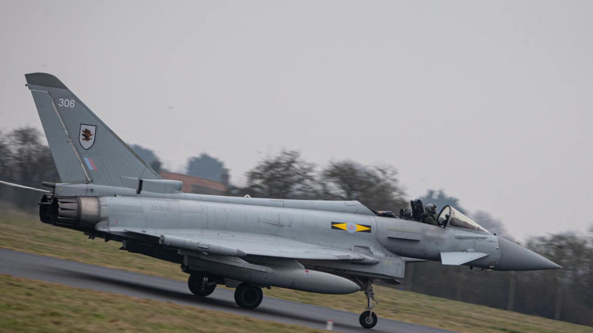 Royal Air Force Eurofighter Typhoon with the canopy missing coming into land at RAF Coningsby. 