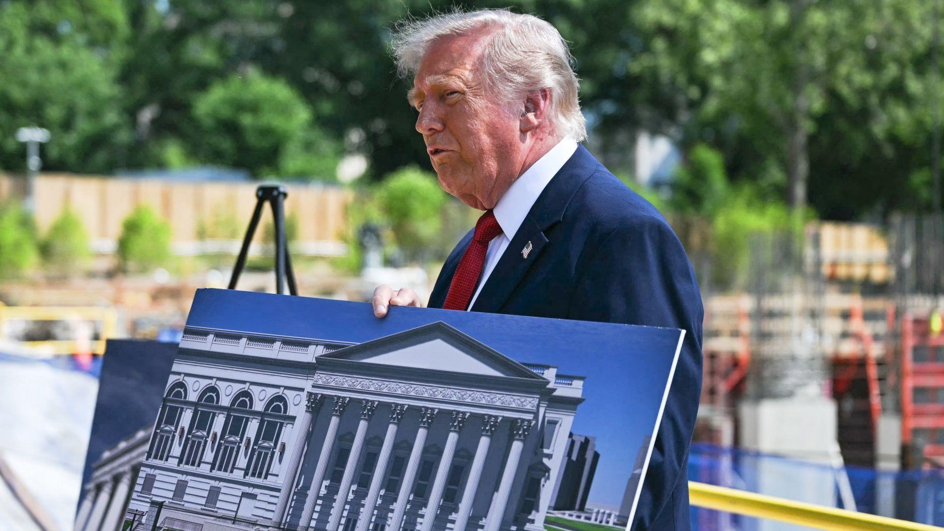 US President Donald Trump speaks to the press near the construction site of his proposed ballroom.
