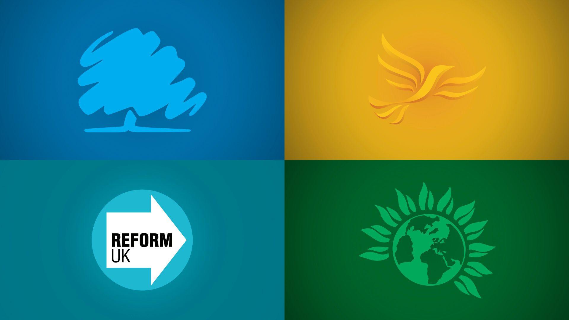 Logos of four political parties - Conservatives, Liberal Democrats, Reform UK and the Green Party - displayed in a split screen quad.