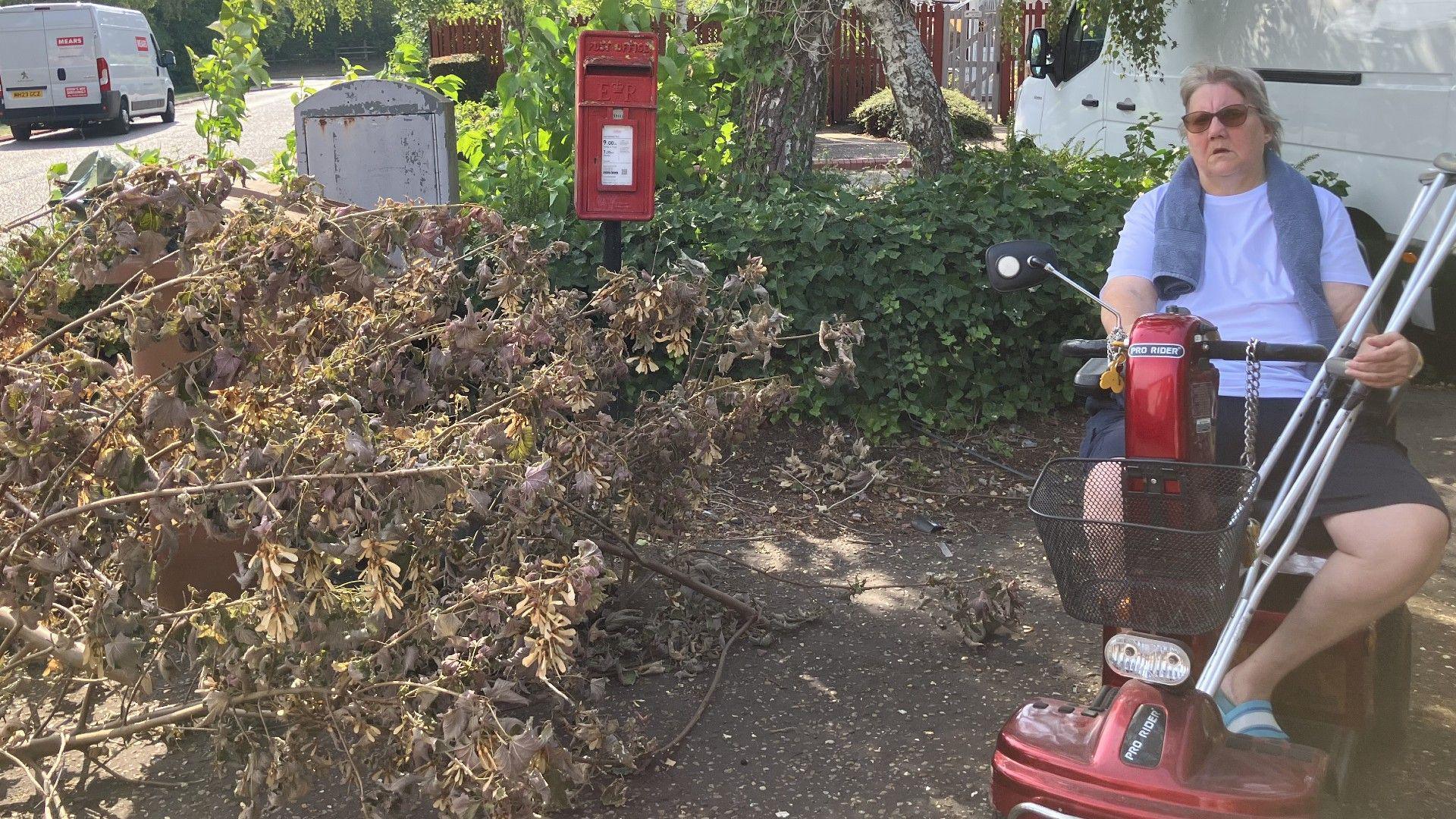 Sue Arnold wearing a white T-shirt and blue shorts- sitting on her red mobility scooter- next to the garden waste on the floor- in front of the red post-box