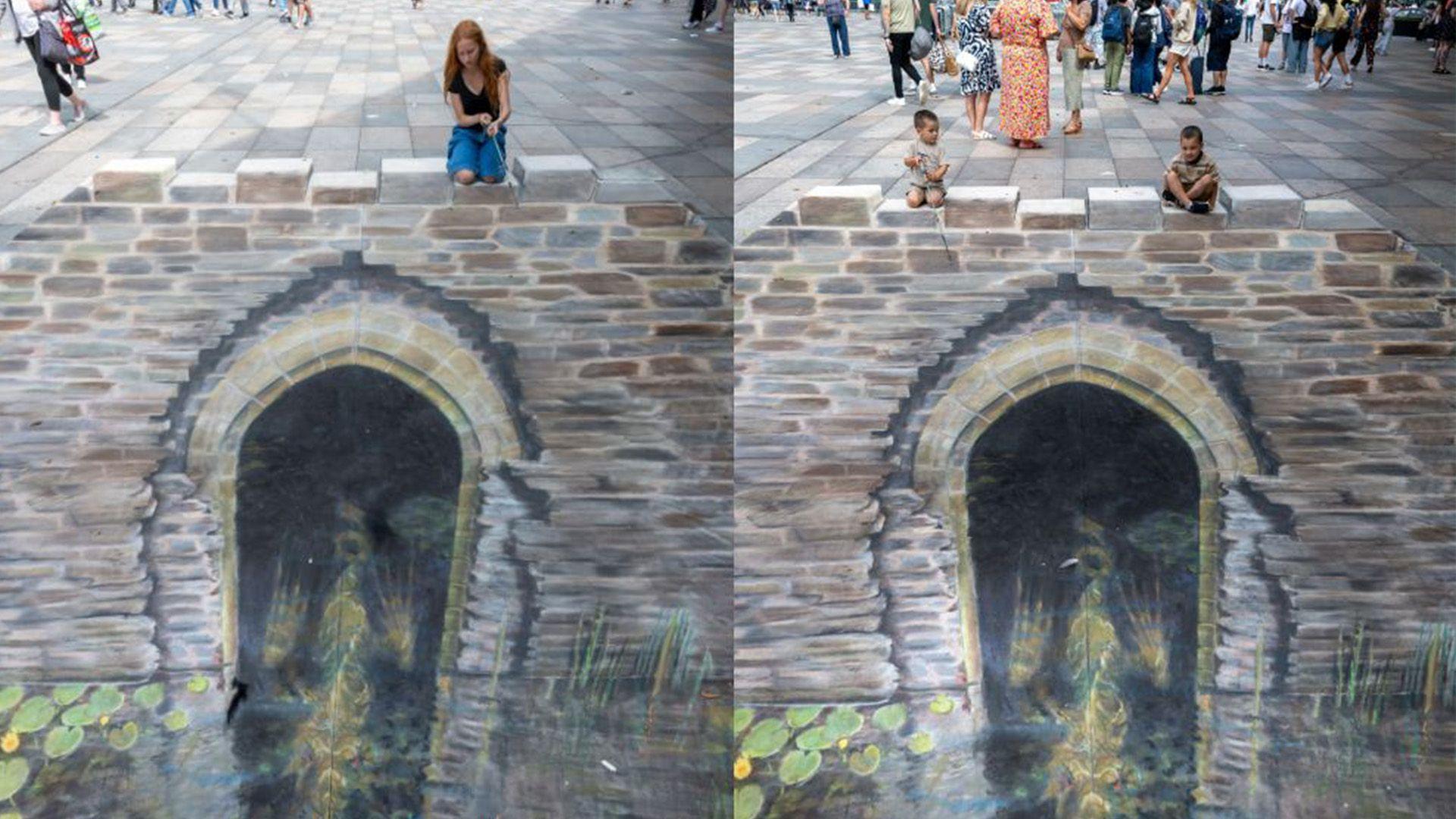Two images side by side of people posing with artwork on the floor. The artwork shows a water gate on the ground drawn in chalk. There is a water leading up to the gate with lily pads on the water in the art. On the left, a woman kneels to admire the artwork. On the photo on the right, two children look at the art sitting on the ground.
