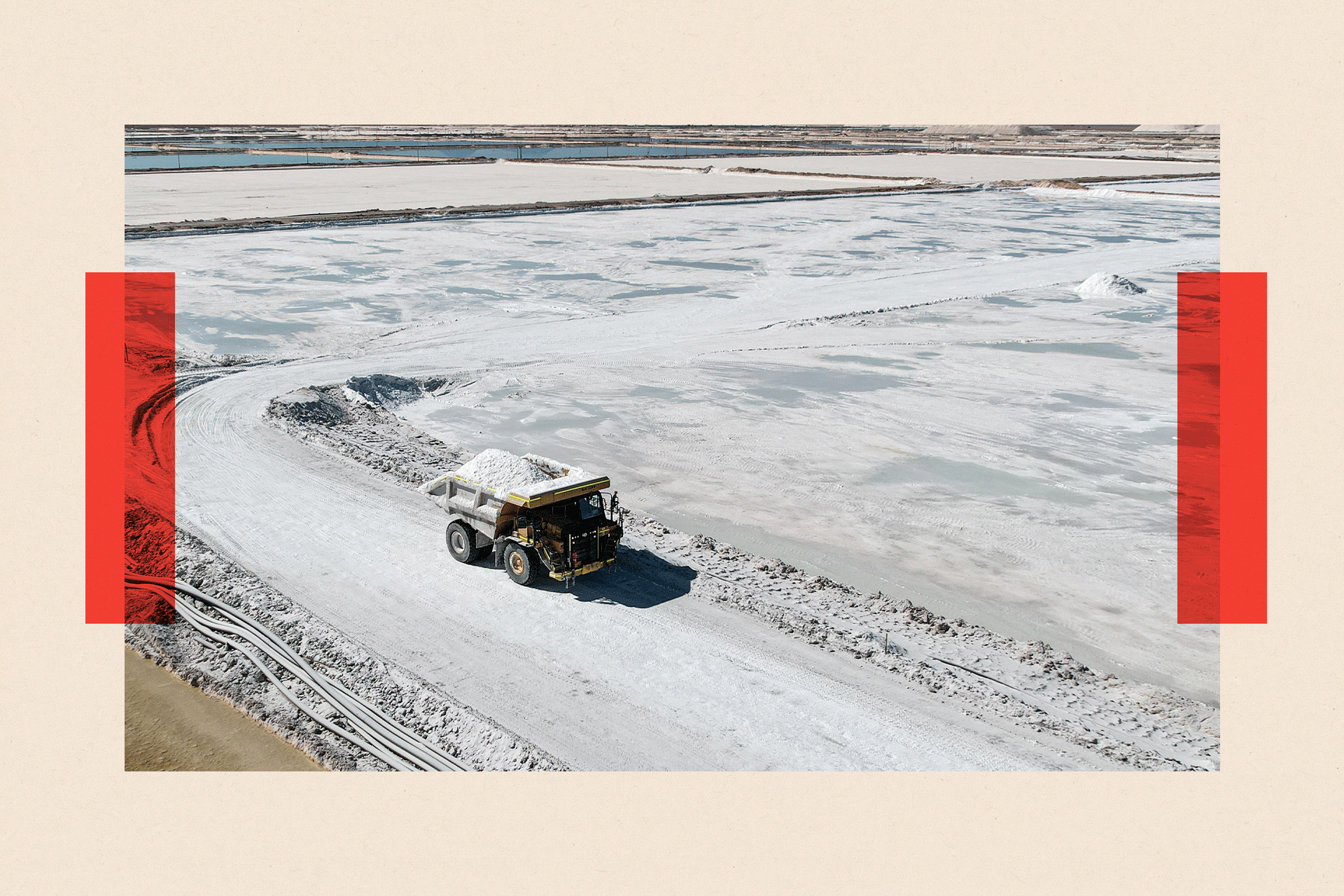 Aerial view of lithium mining pits in Atacama Salt Flat, Chile