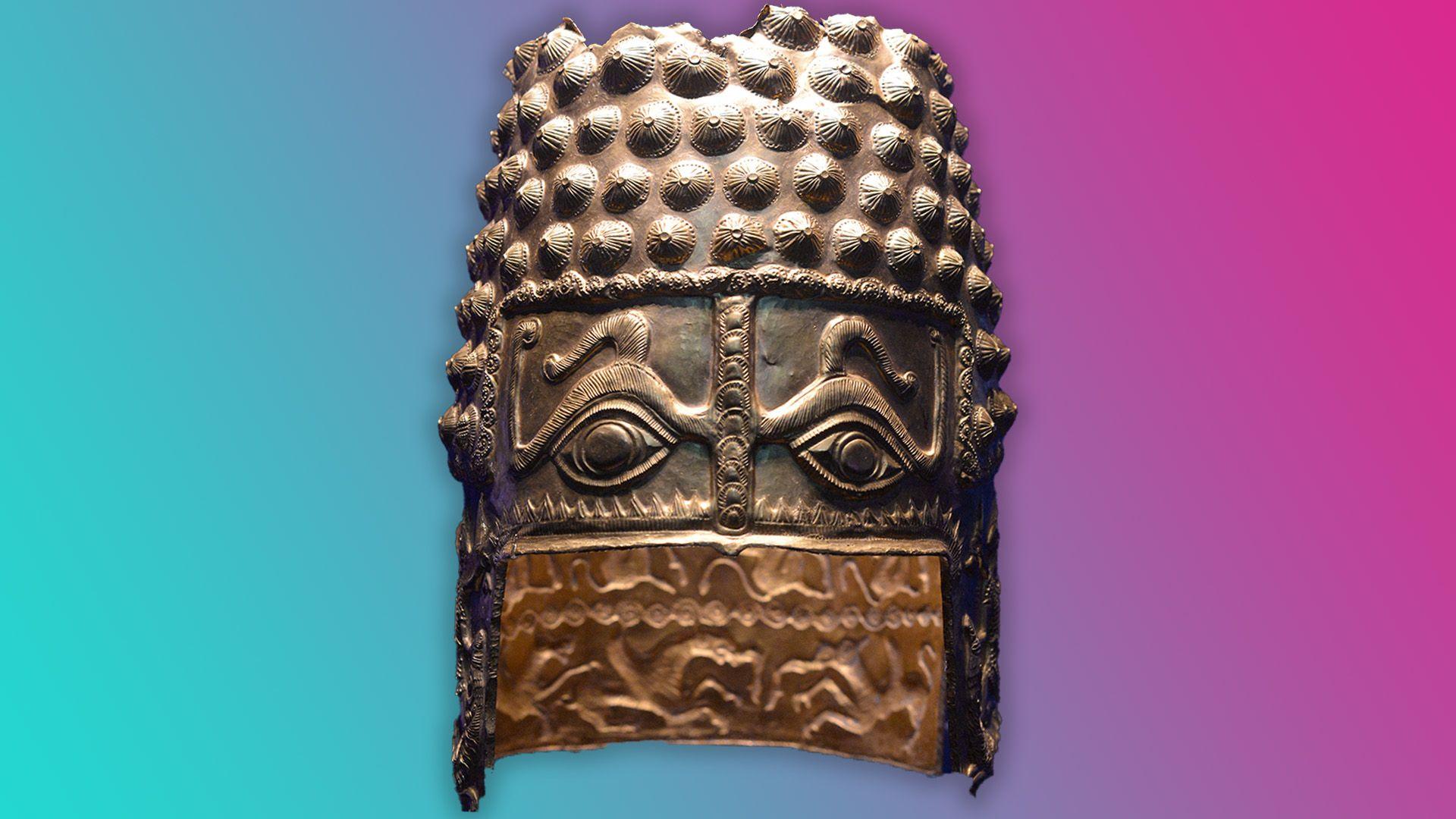 The Helmet of Cotofenesti, pictured in the Romanian Museum of Antiquities, is a dull gold colour and covered in decorations of mythical beasts and a pair of eyes.