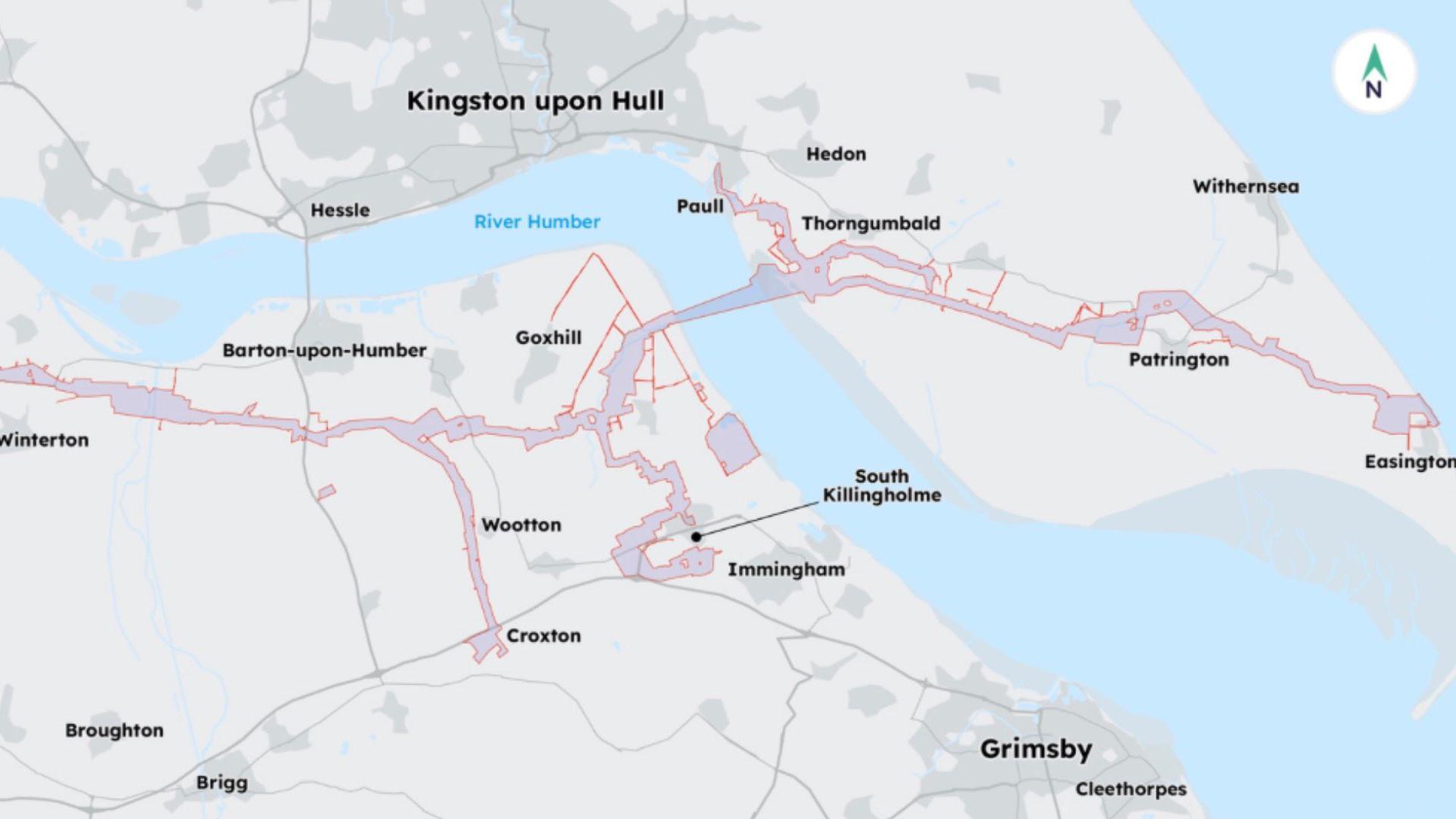A top-down map showing a stylised view of a river estuary and the sea, in blue, and the land around it, in shades of grey. Towns and villages are labelled in black text. They include Kingston upon Hull and Grimsby. Across the centre of the map, the route of a pipeline is marked out, shaded in purple with red borders. The route snakes from the left of the picture to the right, where it meets the sea.