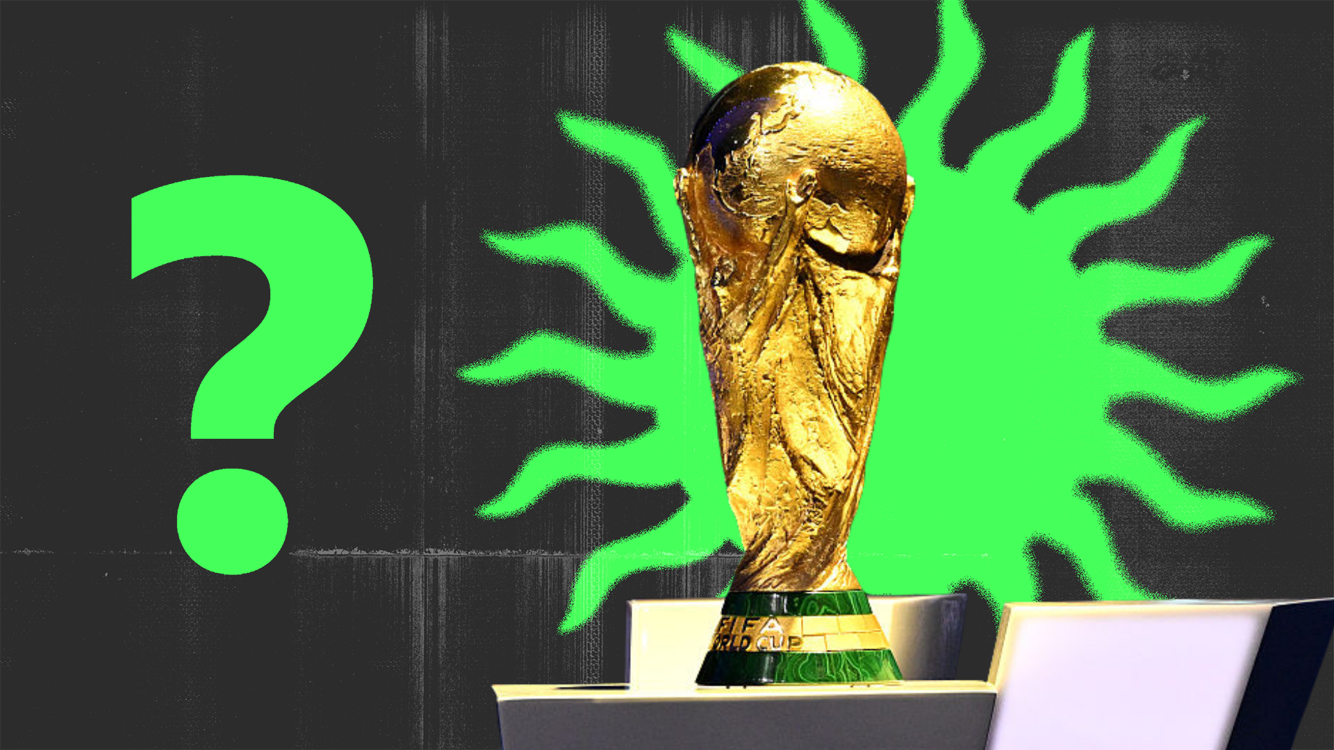 A photo of the World Cup trophy and a green question mark overlayed onto the picture