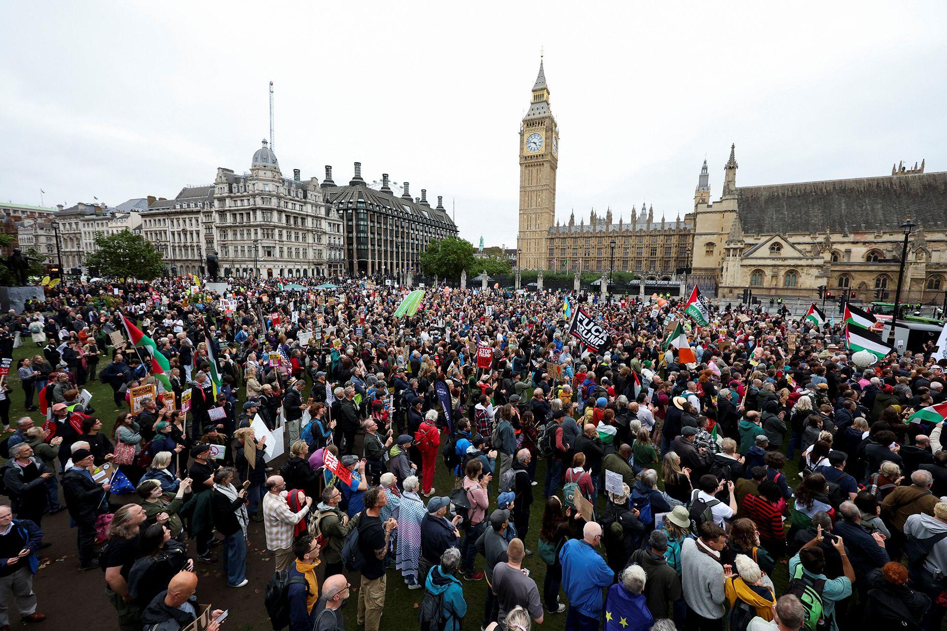 Demonstrators gather at the Parliament Square as they take part in a 'Trump Not Welcome' rally during the state visit of U.S. President Donald Trump and first lady Melania Trump, in London, Britain, September 17, 2025.