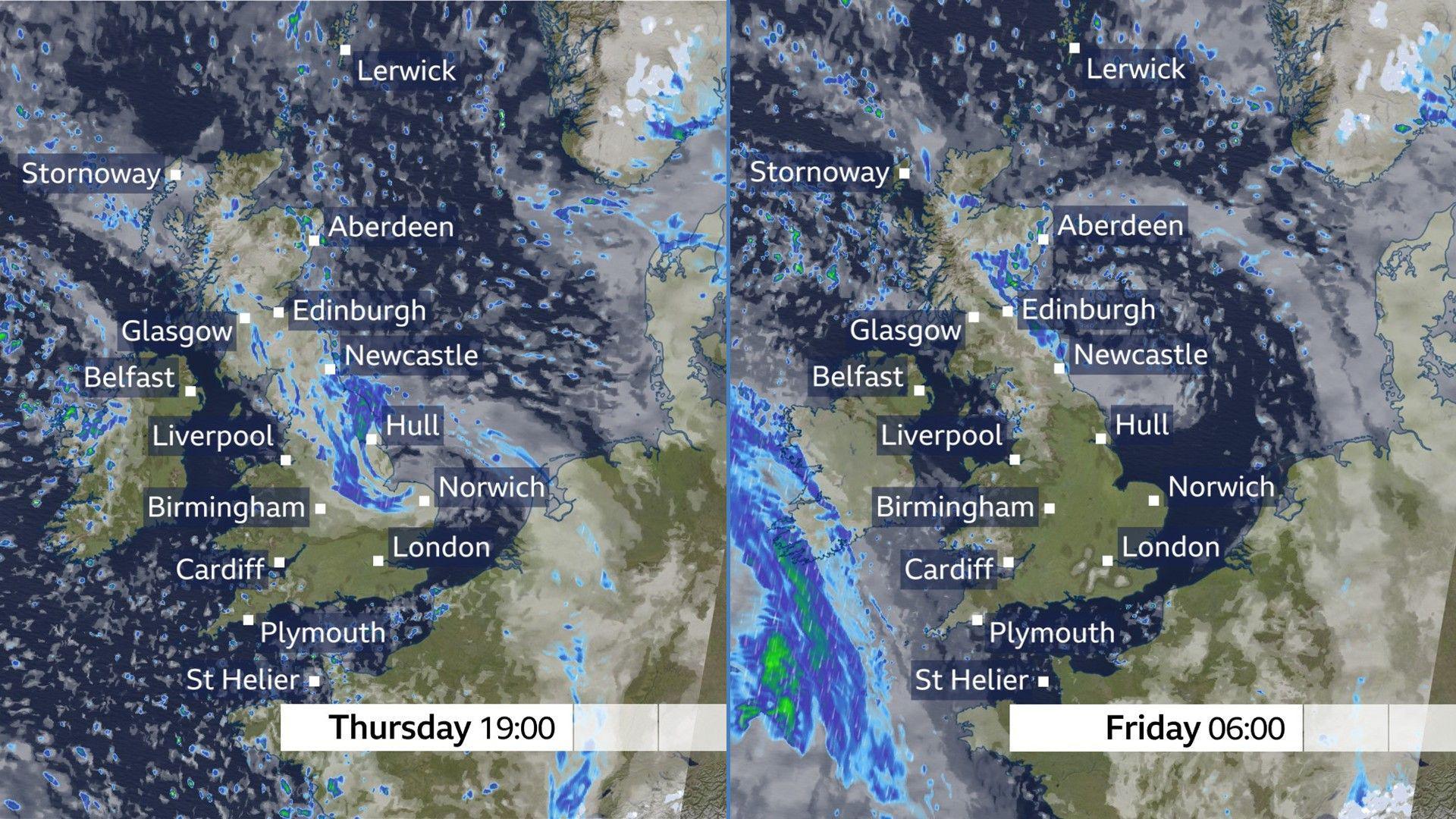 A weather map showing expected conditions across the UK at Thursday 19:00 and Friday 06:00 - with rain in parts of northern England and Scotland