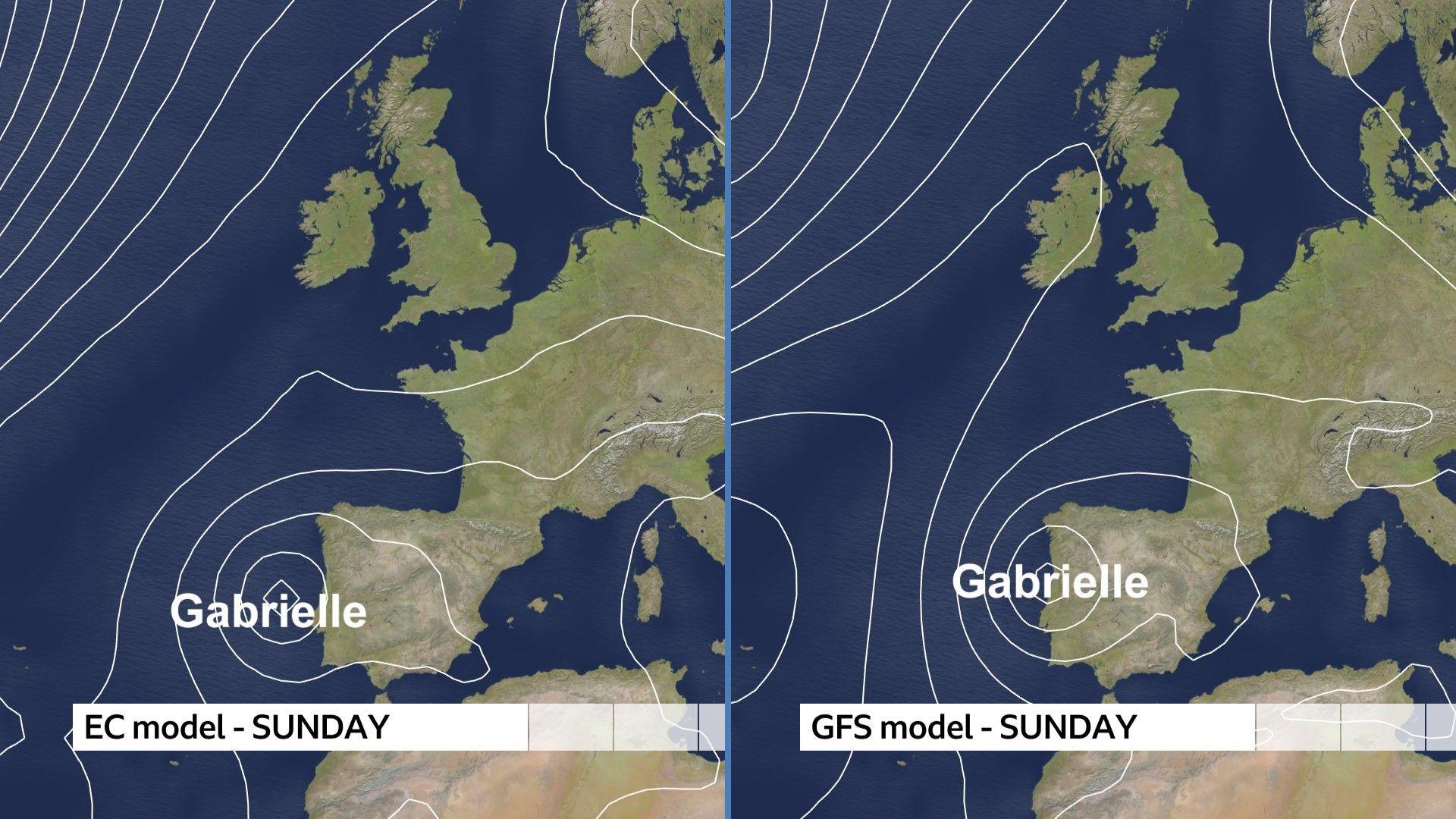 Two pressure maps from two different computer models both showing an area of low pressure near Portugal on Sunday.