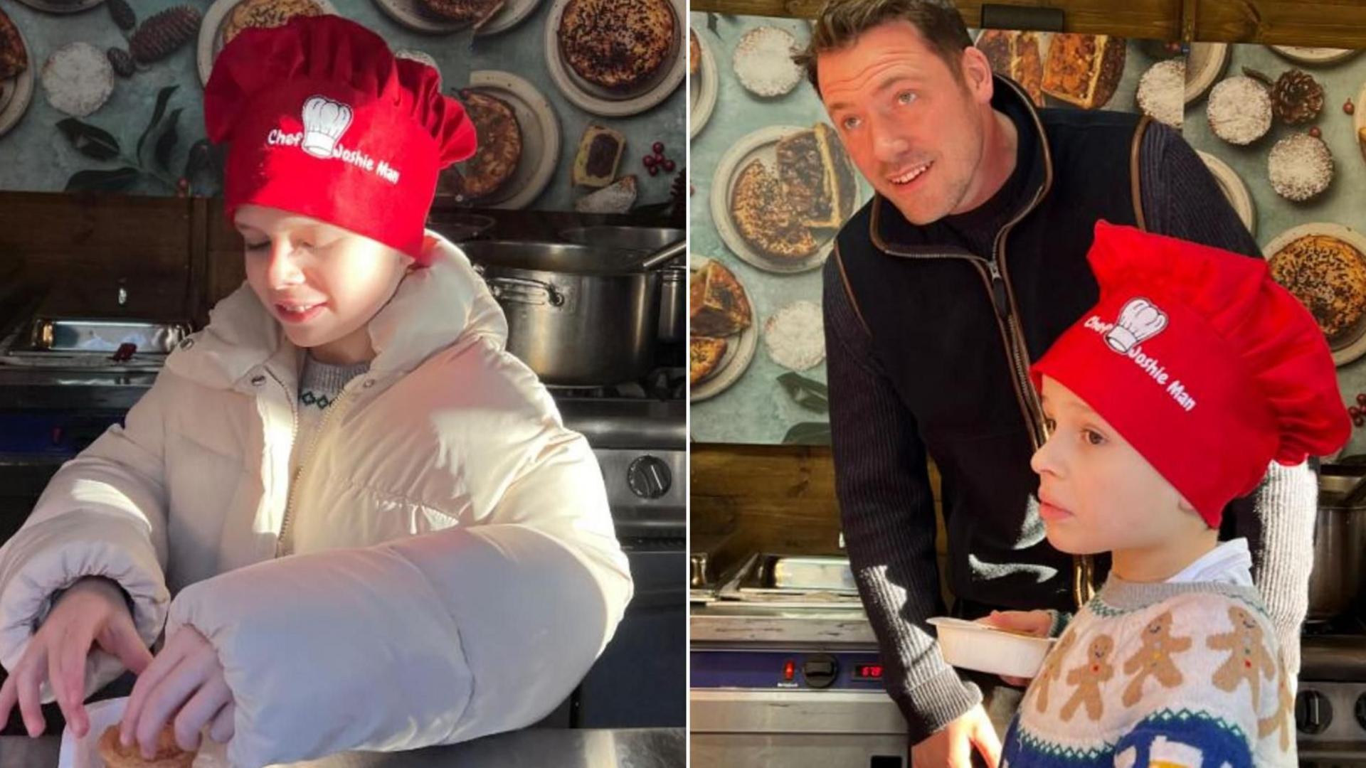 A composite picture: In the left picture Joshie Harris is pictured placing a pie in a white dish. He is wearing a white winter jacket and a red chef's hat. In the right hand picture he is with Tommy Banks in York's Christmas market. He is wearing a red hat and a multi-coloured jumper with gingerbread men on.