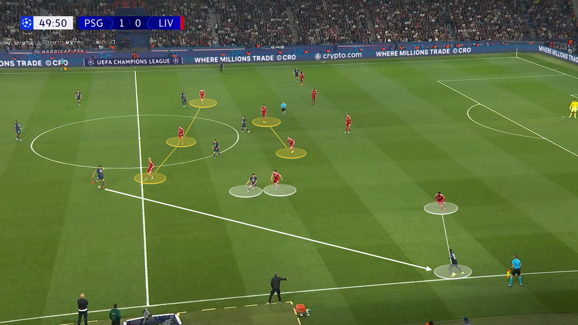Screengrab showing how PSG bypassed Liverpool's press using Dembele on the wing with Hakimi pinning Kerkez centrally.