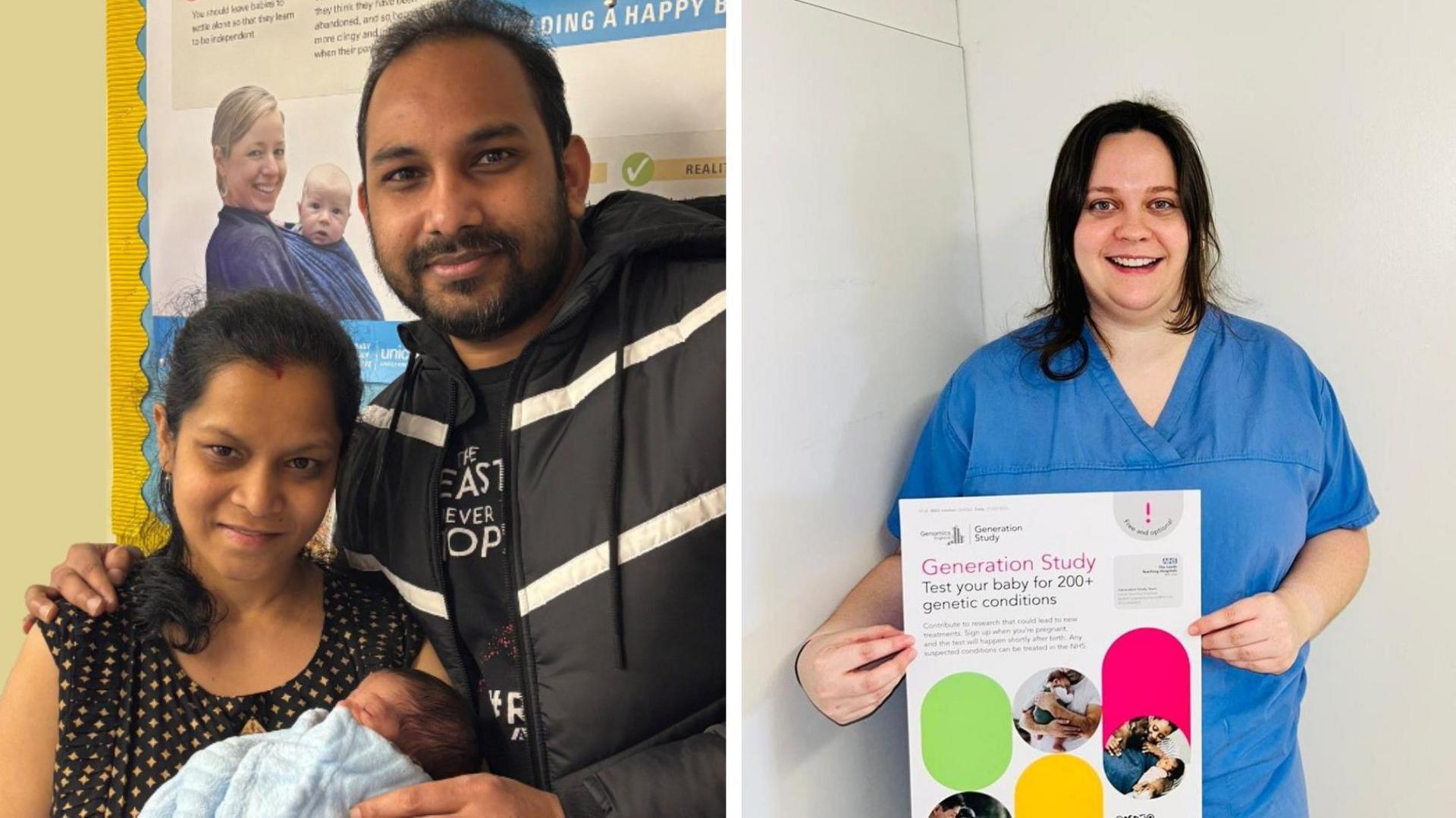 Two images. On the left a man and woman cuddle a tiny baby wrapped in a blue blanket. On the right a woman with dark brown hair and blue scrubs holds a poster for Generation Study