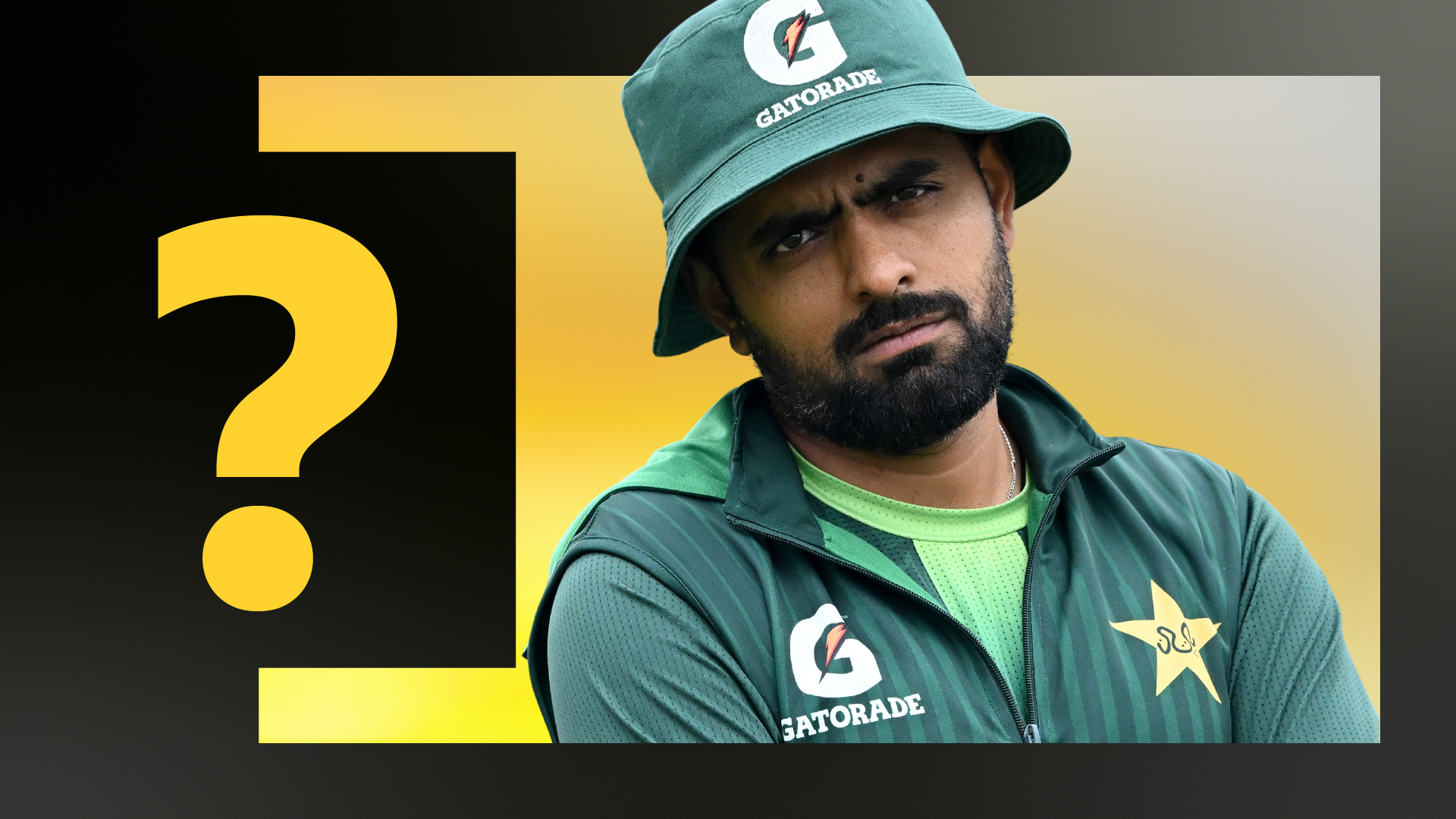 Babar Azam looks on while wearing a green bucket hat and training gear