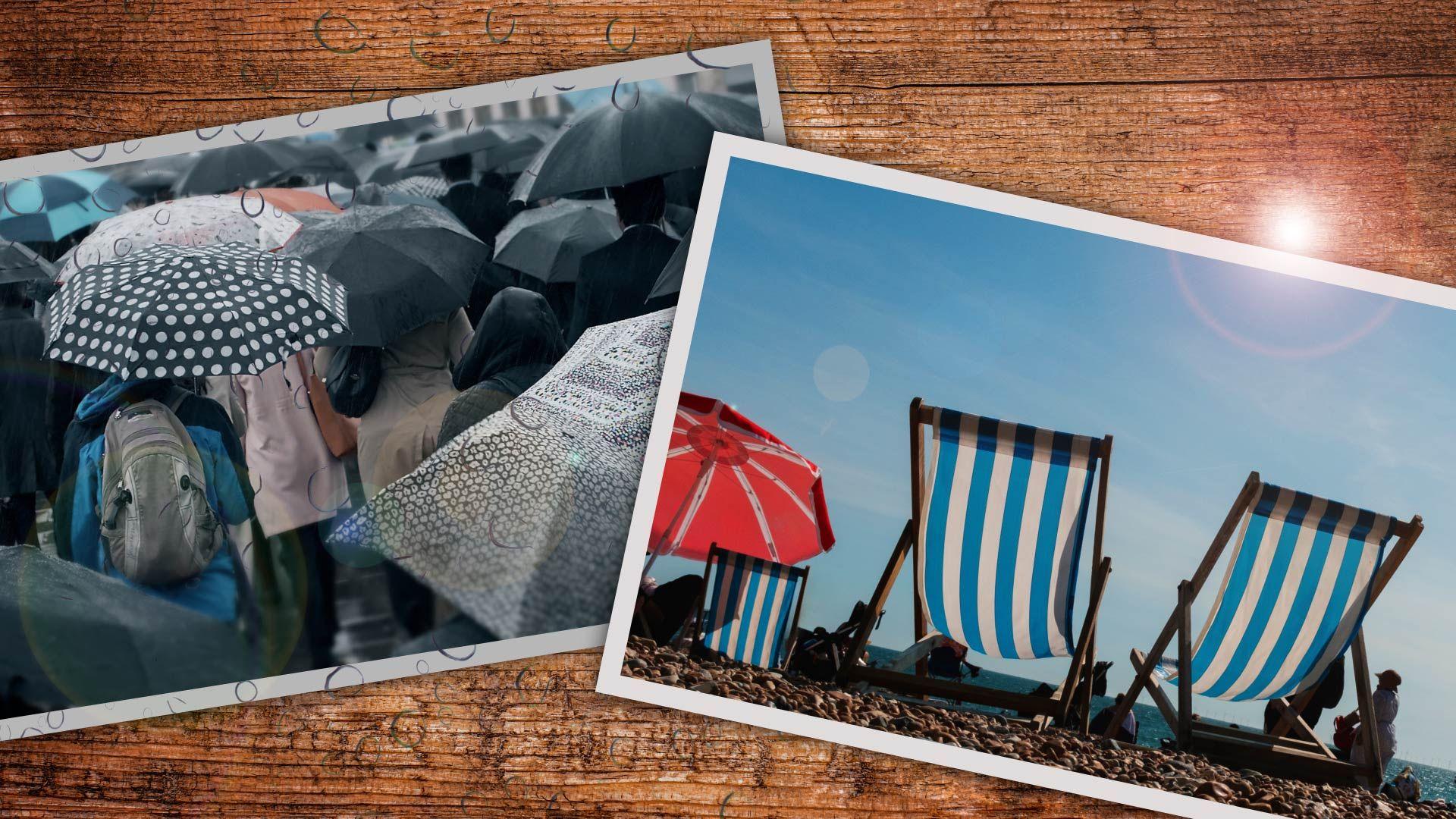 Montage of two images, presented as holiday photos: one of a crowd under umbrellas, the other of empty deckchairs and a parasol on a beach under a clear blue sky