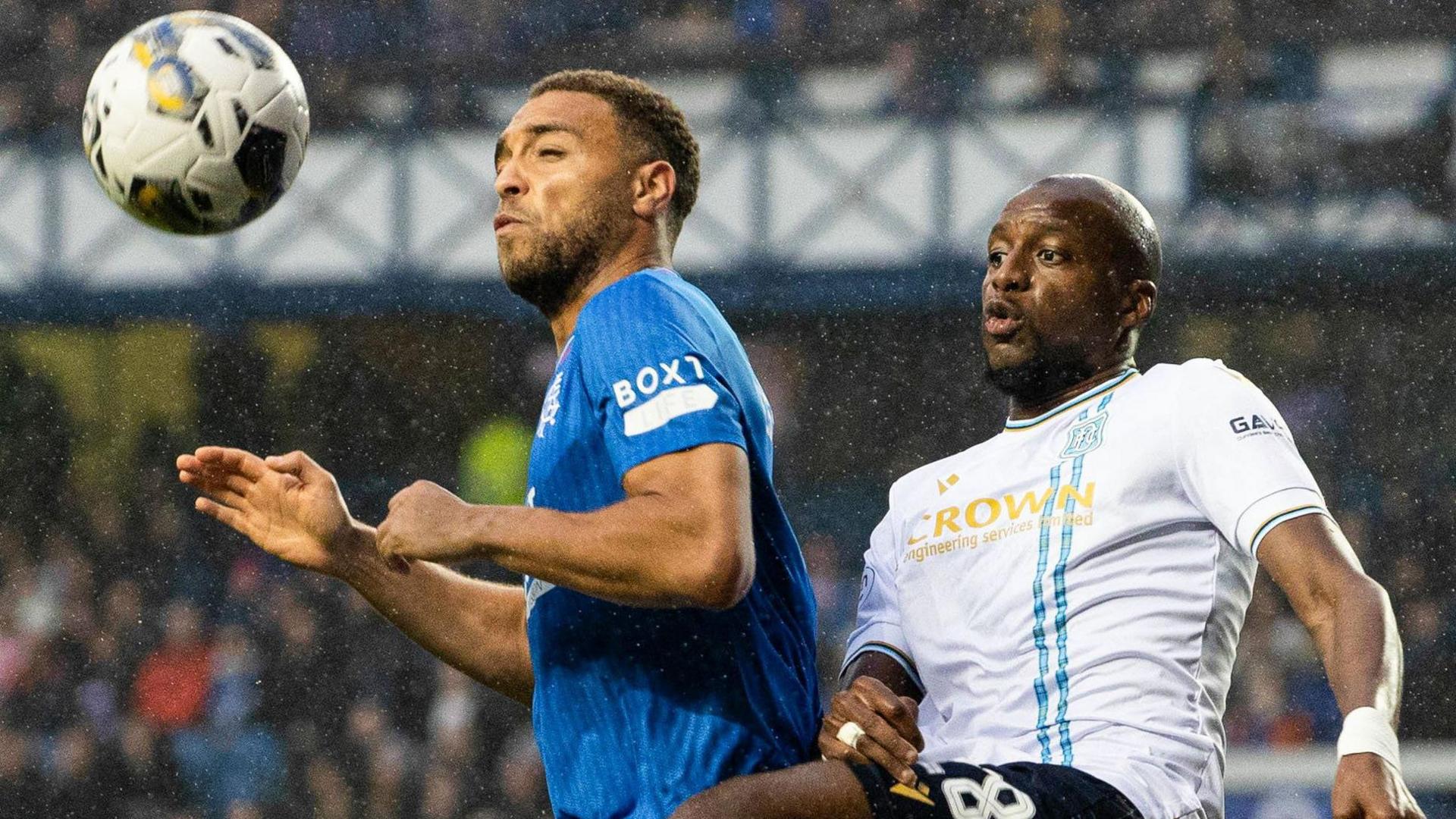 Rangers' Cyriel Dessers and Dundee's Mohamed Sylla at Ibrox in May, 2024